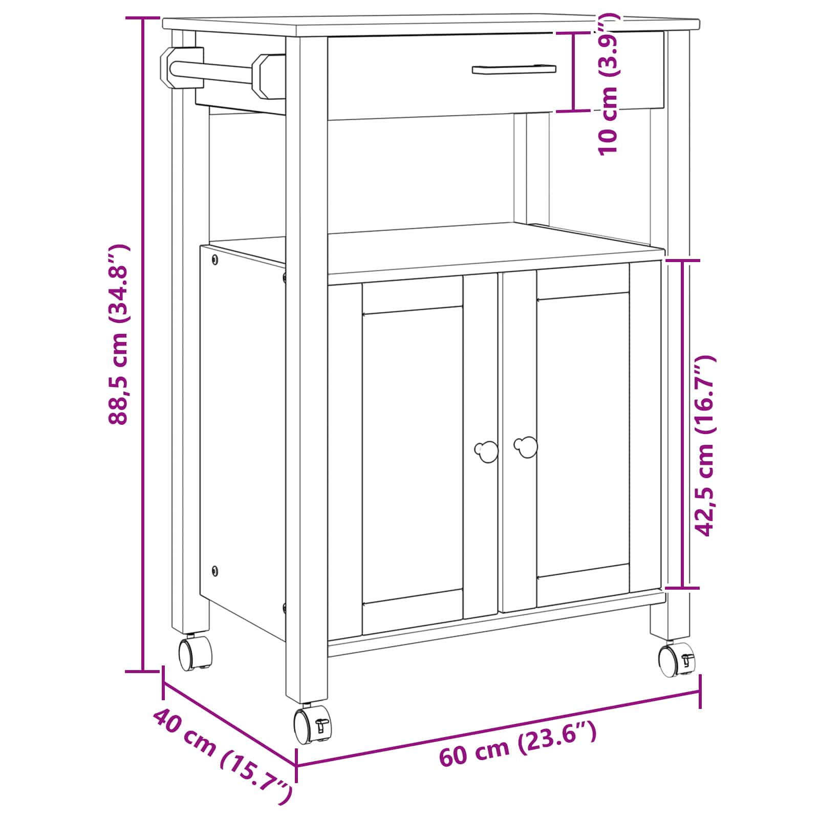 Chariot de cuisine Noir 88,5 x 40 x 60 cm Bois de Pin Massif - XIOS