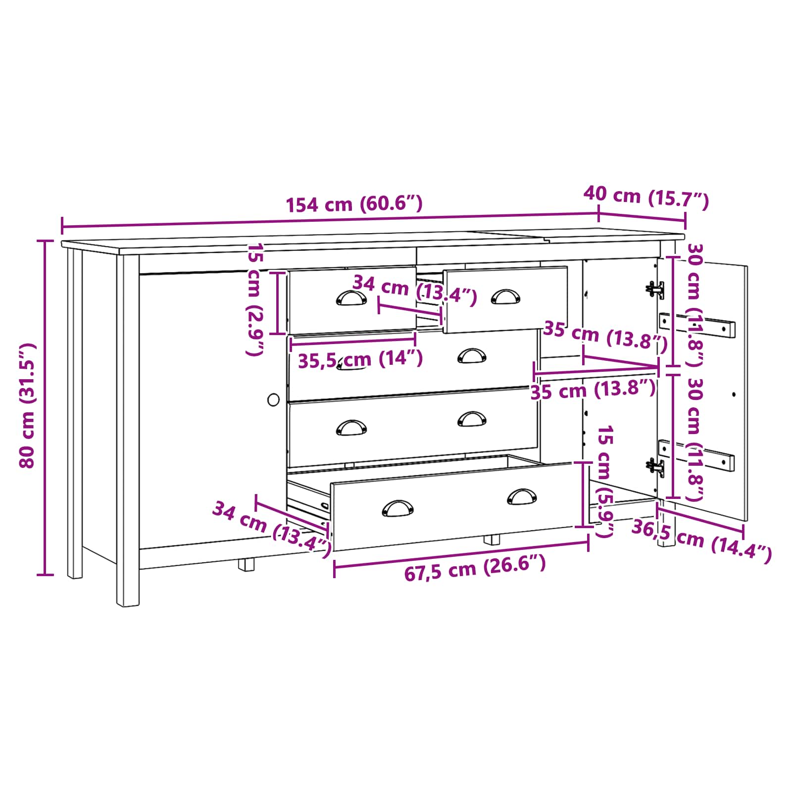 Buffet avec tiroir HILL Marron miel 154 x 40 x 80 cm Pin massif - XIOS