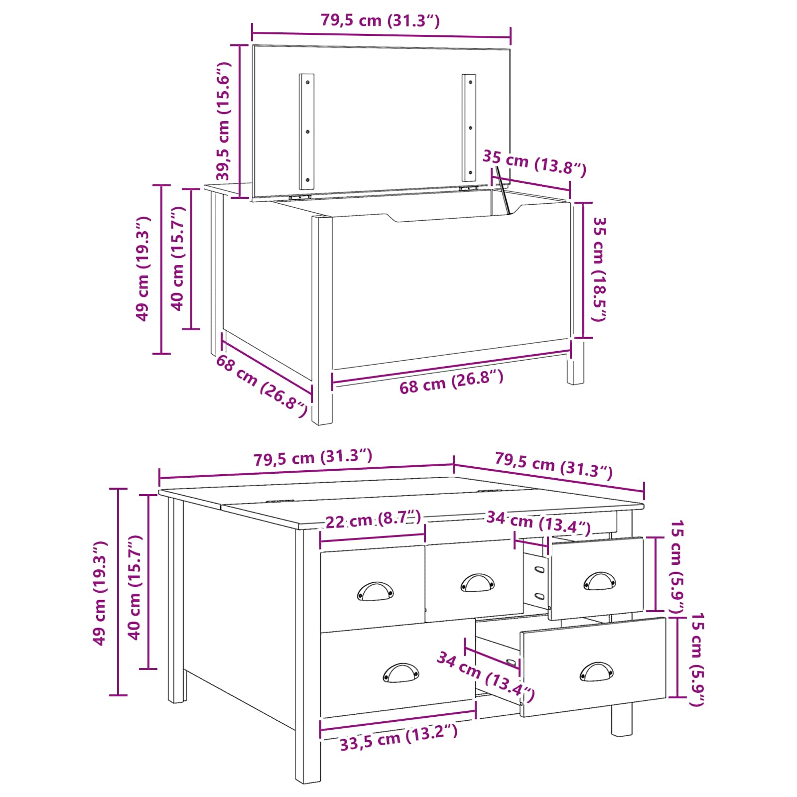 Table basse HILL Blanc et marron miel 79,5 x 79,5 x 49 cm
