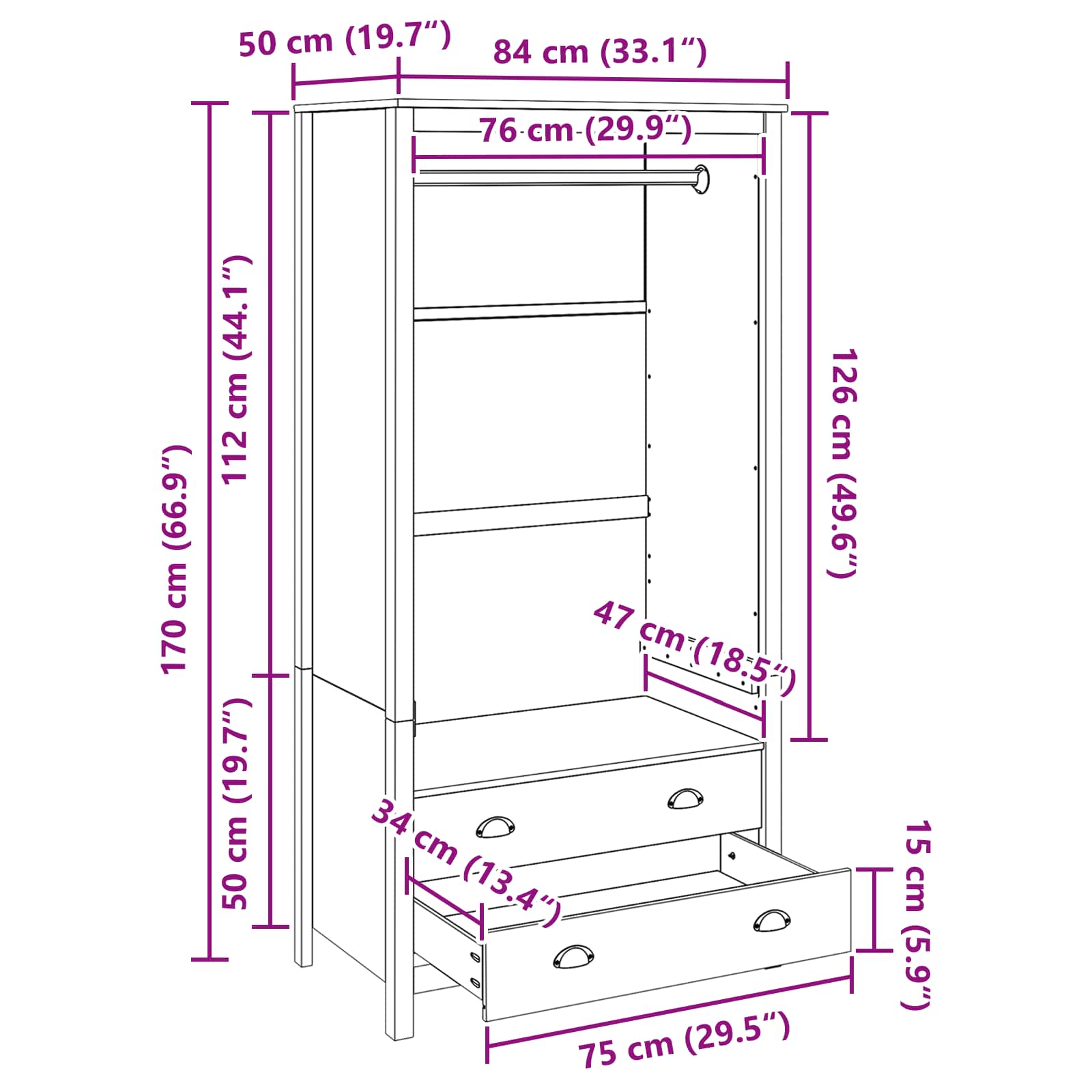 Armoire HILL Marron miel 84 x 50 x 170 cm Pin massif - XIOS