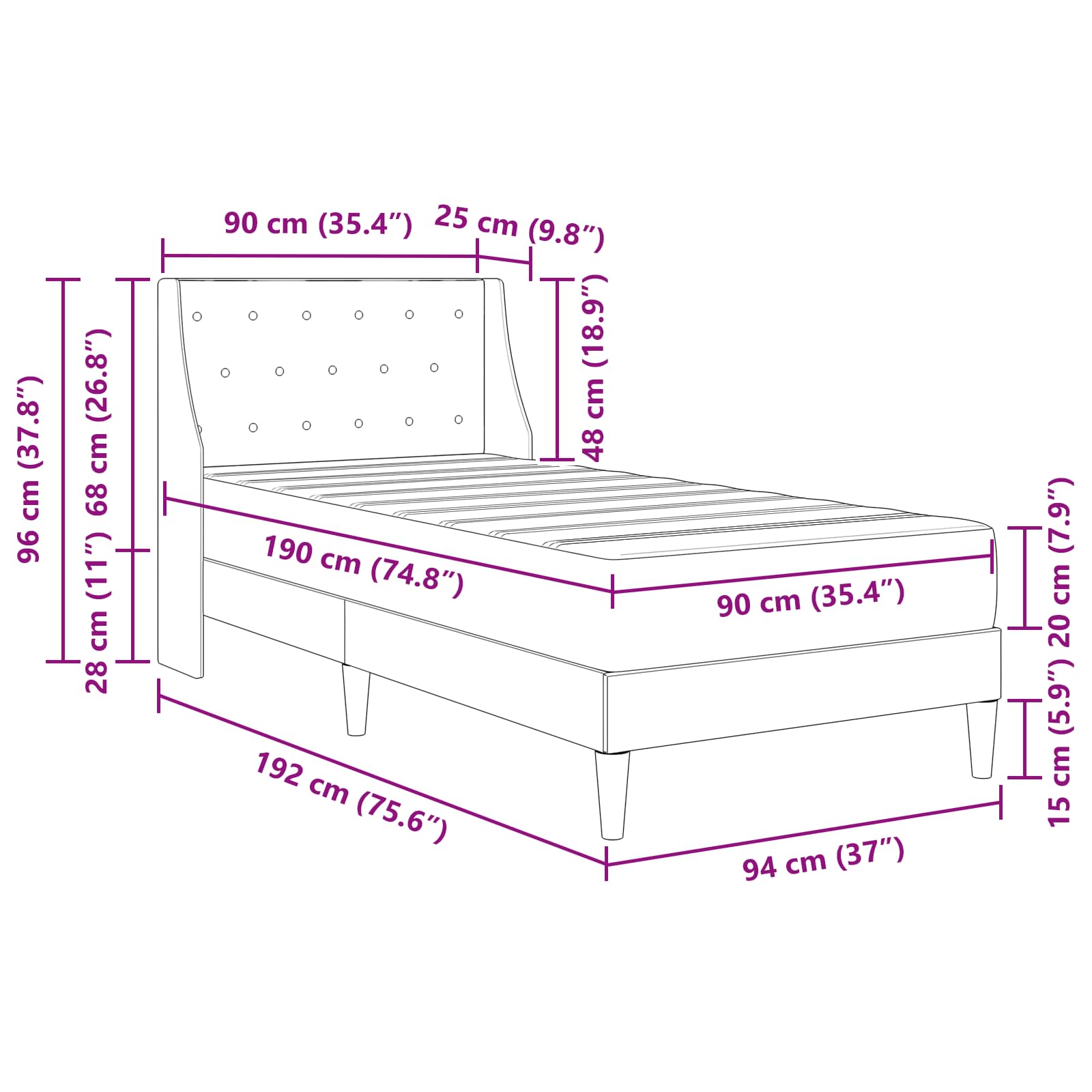 Cadre de lit avec matelas avec matelas Noir 90 x 190 cm Velours - XIOS