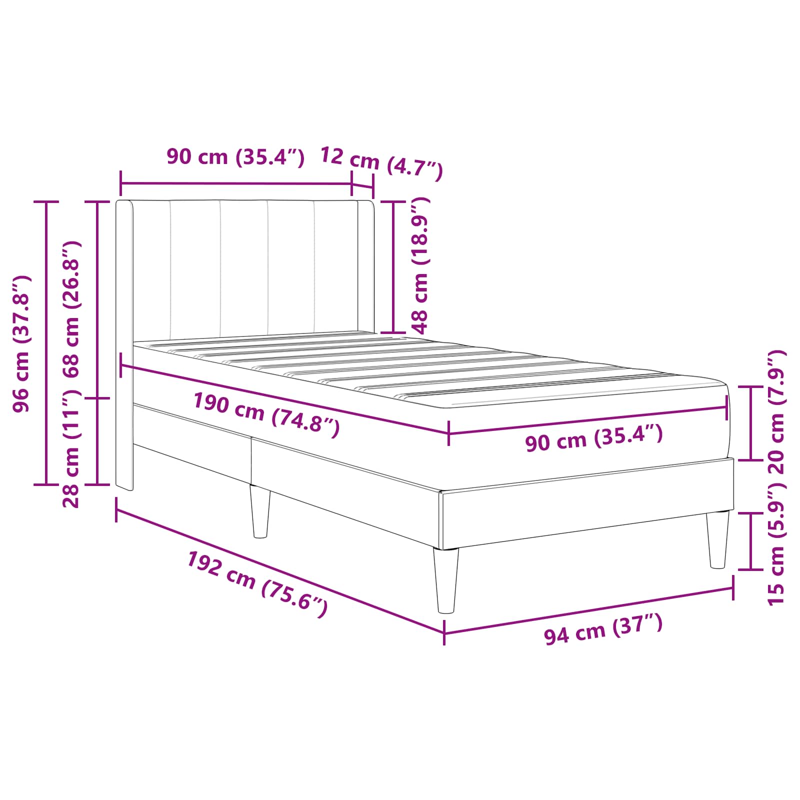 Cadre de lit avec matelas Noir 90 x 190 cm Velours - XIOS