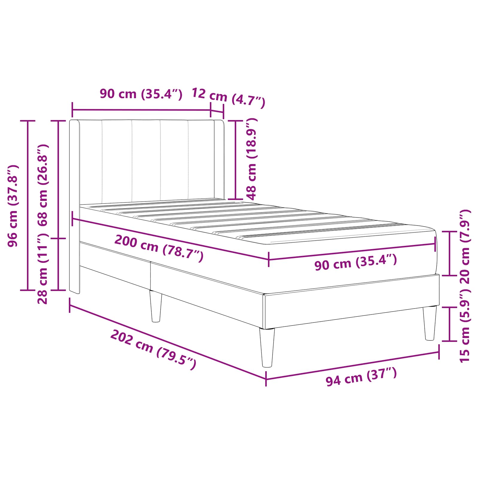 Cadre de lit avec matelas Gris foncé 90 x 200 cm Velours - XIOS