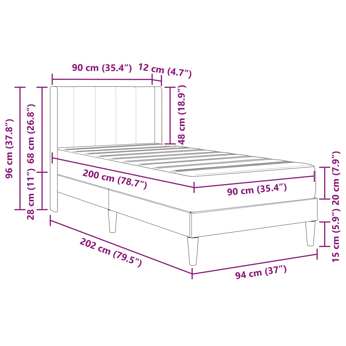 Cadre de lit avec matelas Noir 90 x 200 cm Velours - XIOS Store SNC