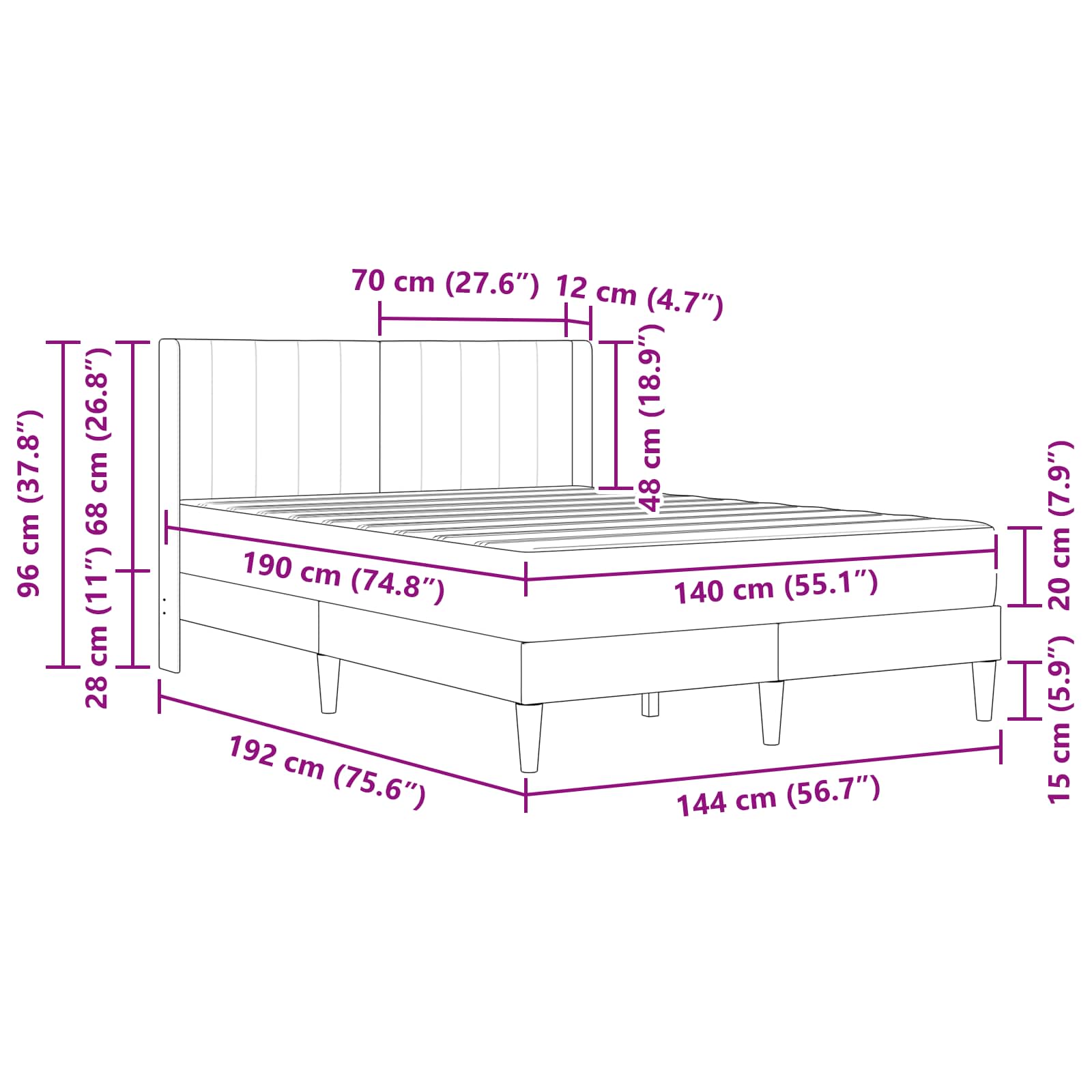 Cadre de lit avec matelas Rose 140 x 190 cm Velours - XIOS