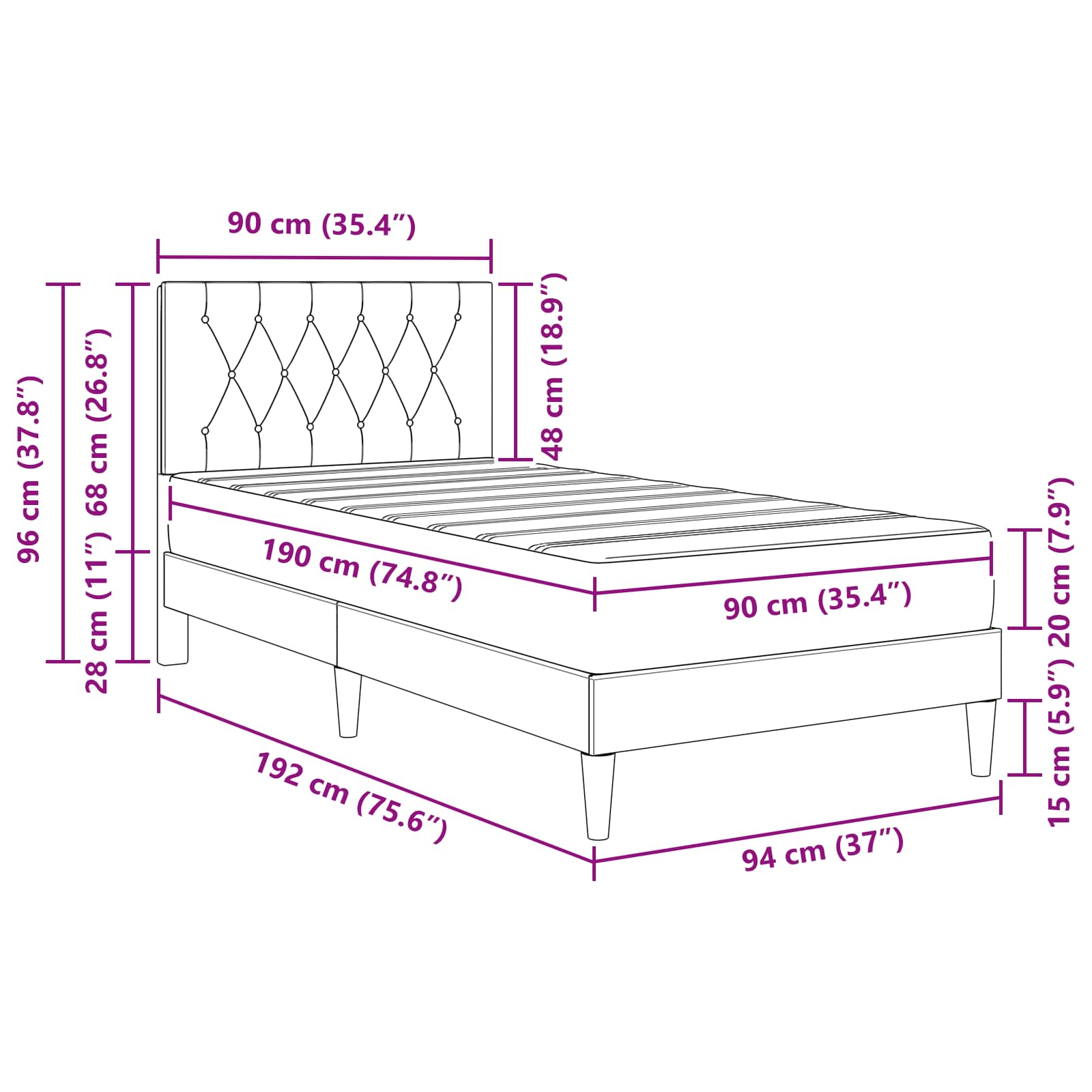 Cadre de lit avec matelas Noir 90 x 190 cm Velours - XIOS