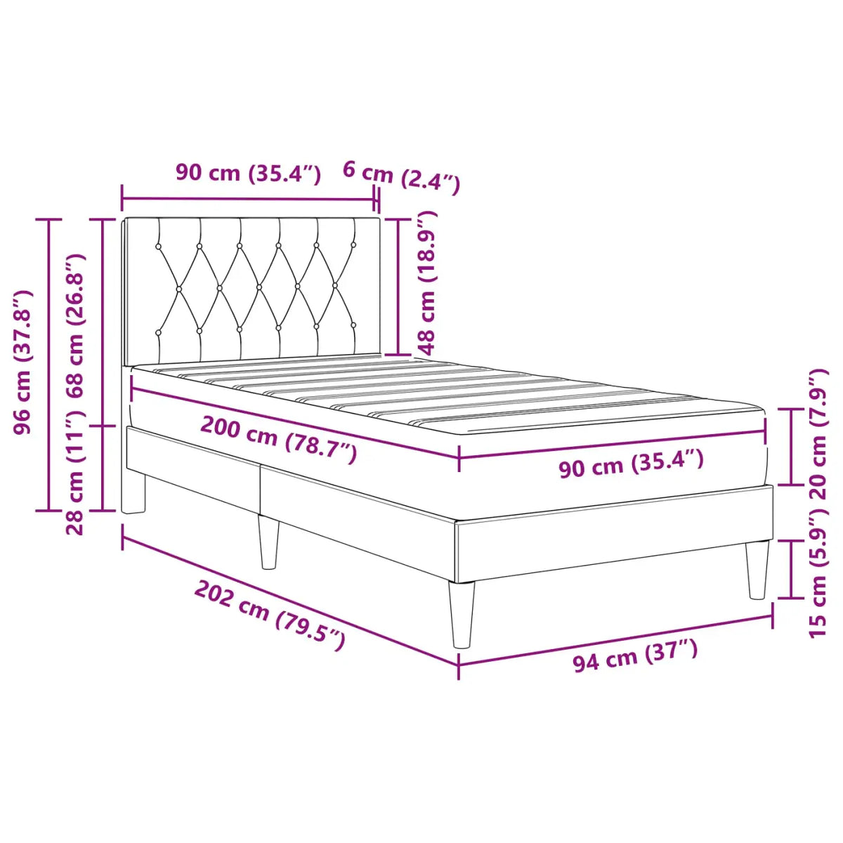 Cadre de lit avec matelas Noir 90 x 200 cm Velours - XIOS