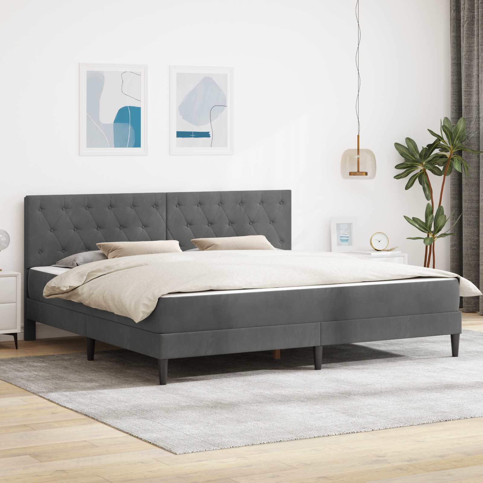 Cadre de lit avec matelas Gris foncé 200 x 200 cm Velours - XIOS