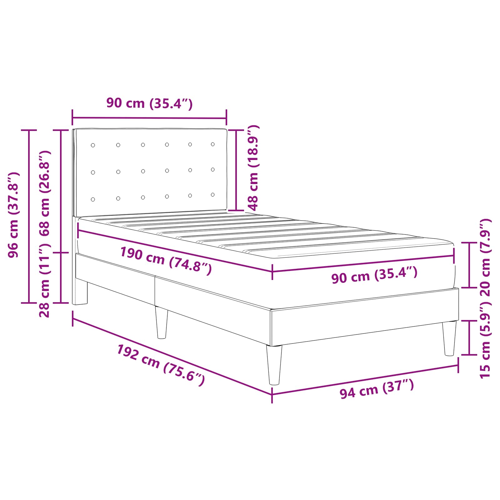 Cadre de lit avec matelas Bleu 90 x 190 cm Tissu - XIOS
