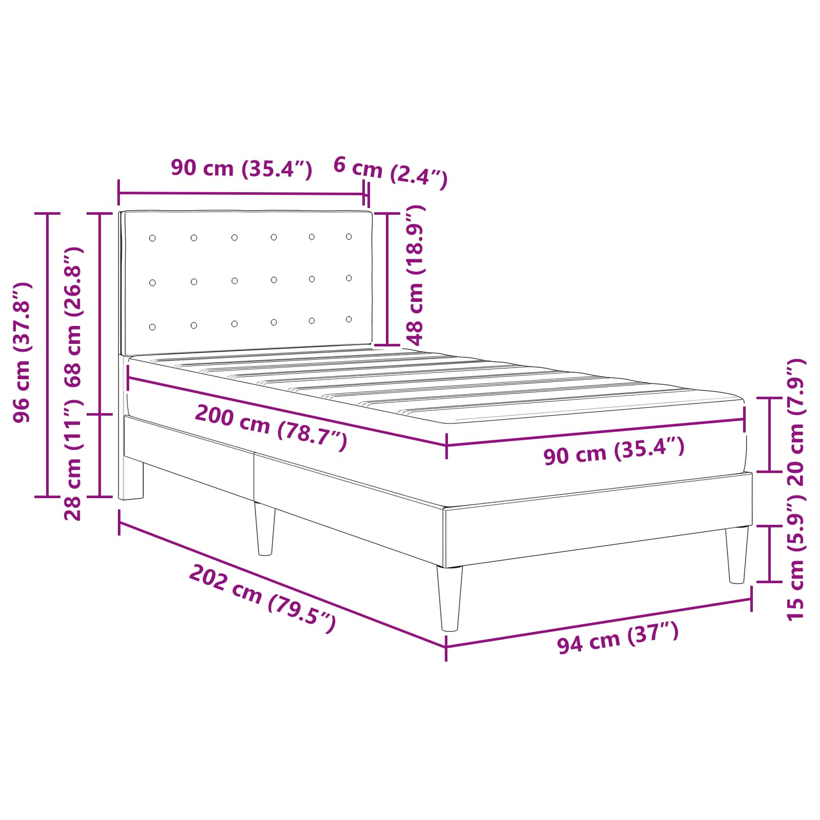 Cadre de lit avec matelas Gris clair 90 x 200 cm Tissu - XIOS