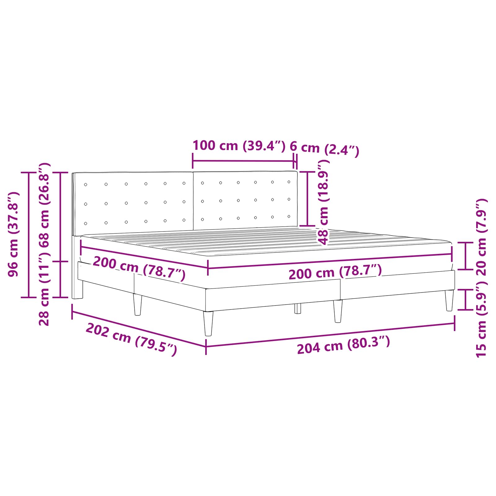 Cadre de lit avec matelas Noir 200 x 200 cm Tissu - XIOS