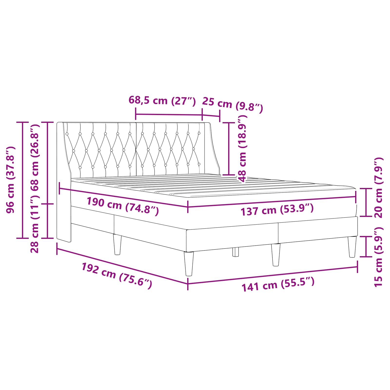 Cadre de lit avec matelas Gris foncé 137 x 190 cm Velours - XIOS