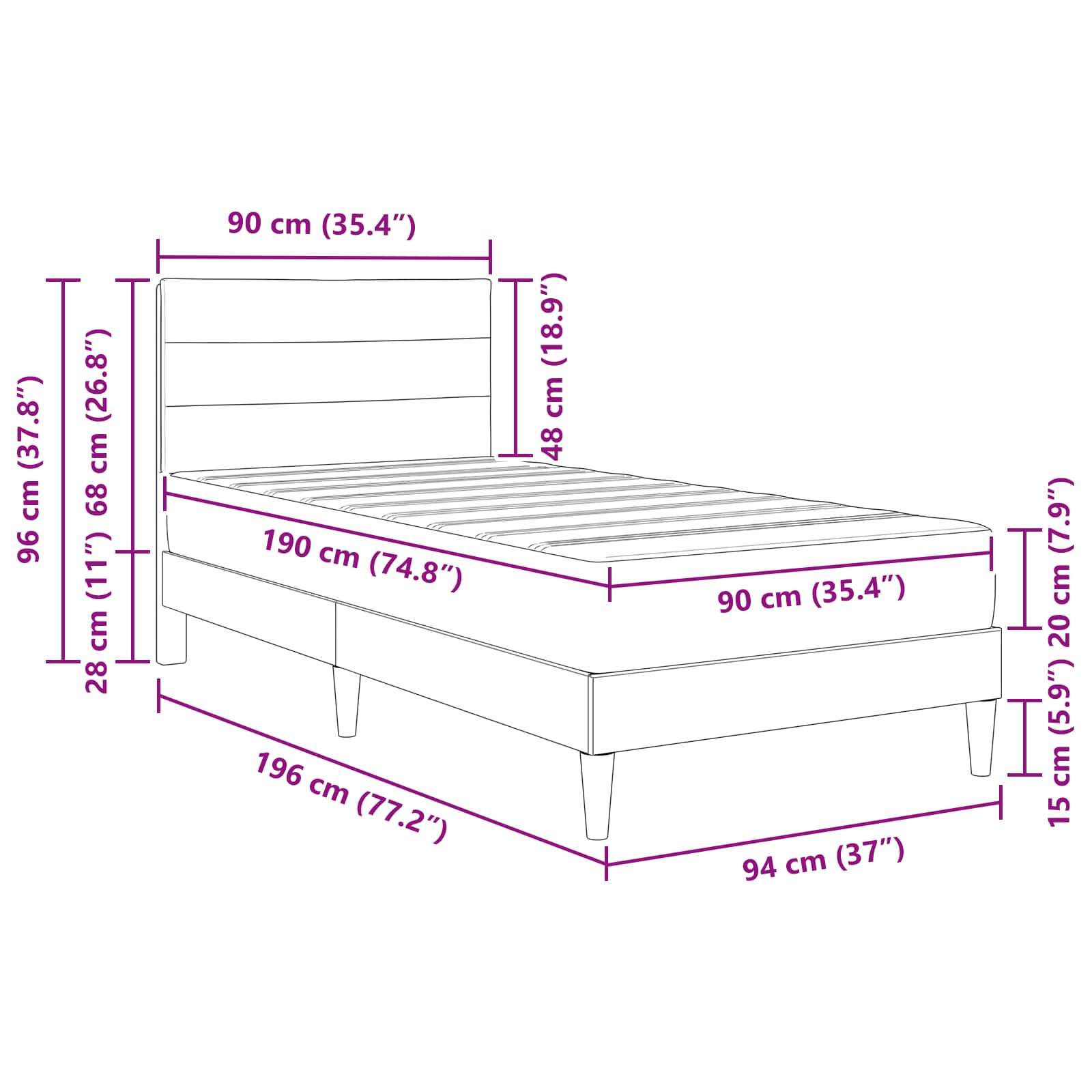 Cadre de lit avec matelas Gris foncé 90 x 190 cm tissu - XIOS