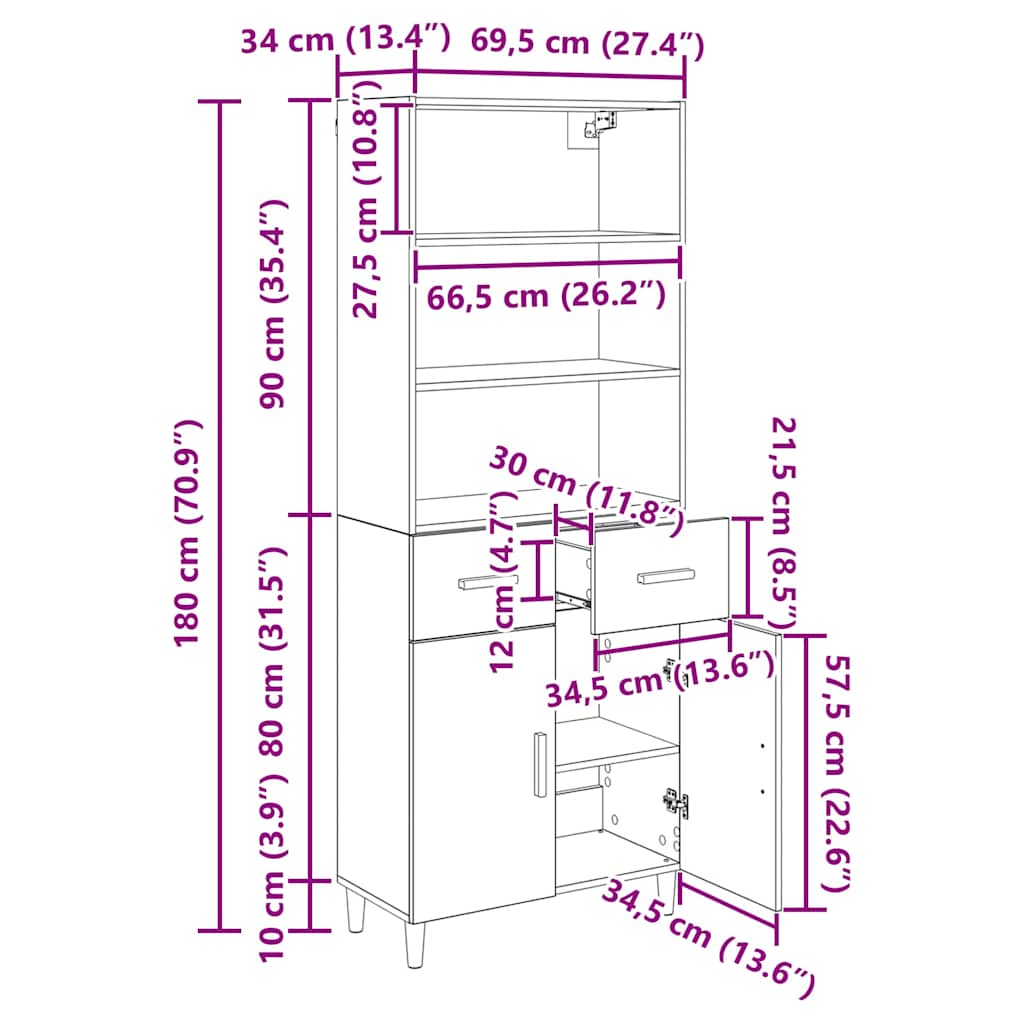 Haut Armoire avec tiroir Chêne artisanal 69,5 x 32,5 x 180 cm - XIOS