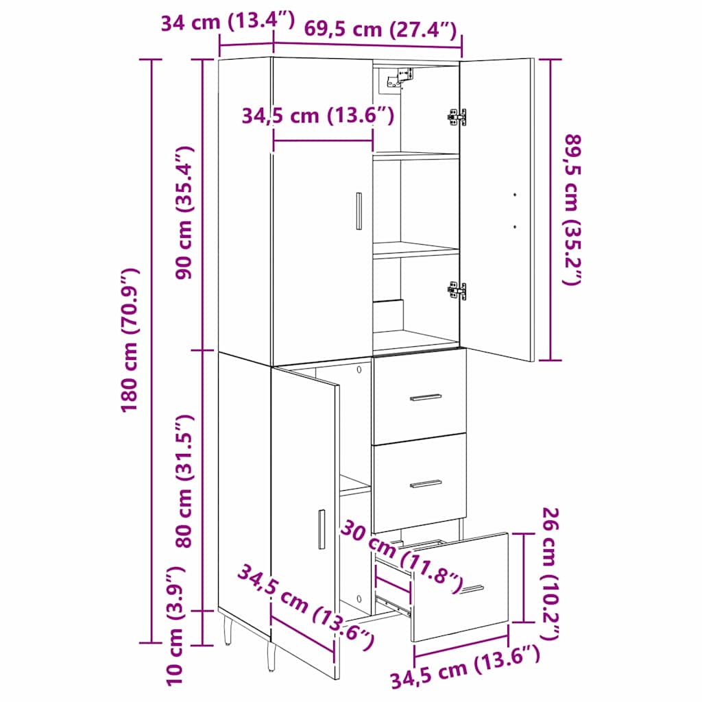 Haut Armoire 2 pc Chêne artisanal 69,5 x 34 x 180 cm