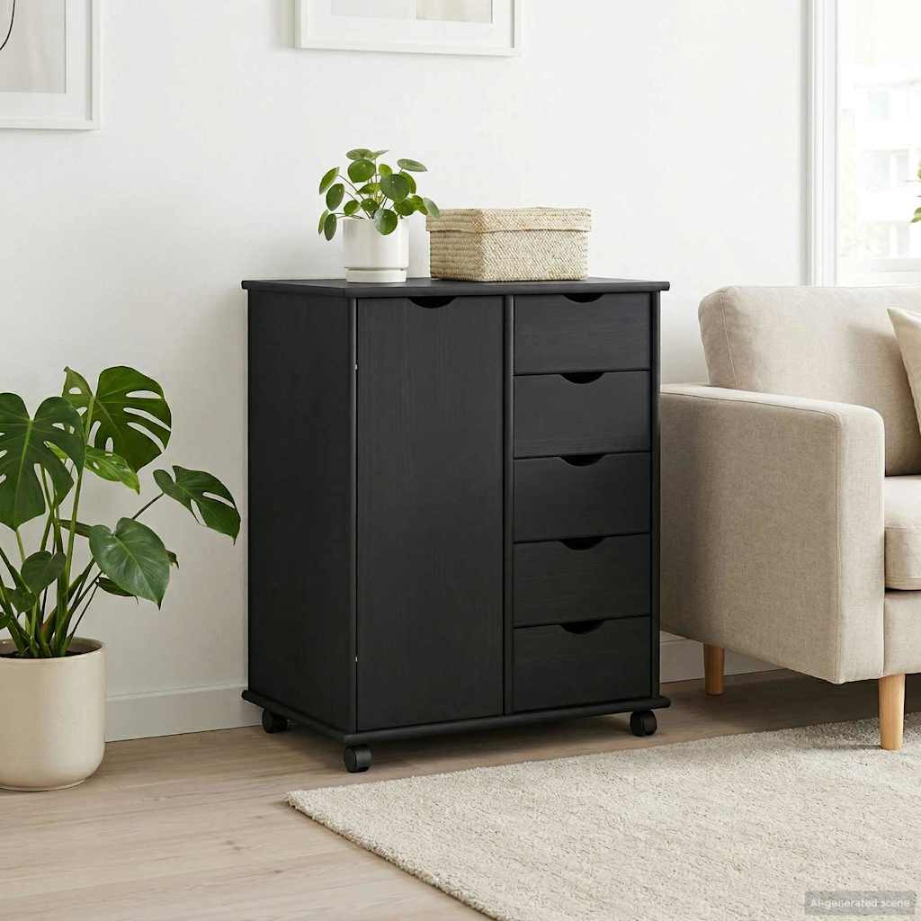 Cabinet roulant Noir 63,5 x 39 x 79 cm Bois de Pin Massif - XIOS