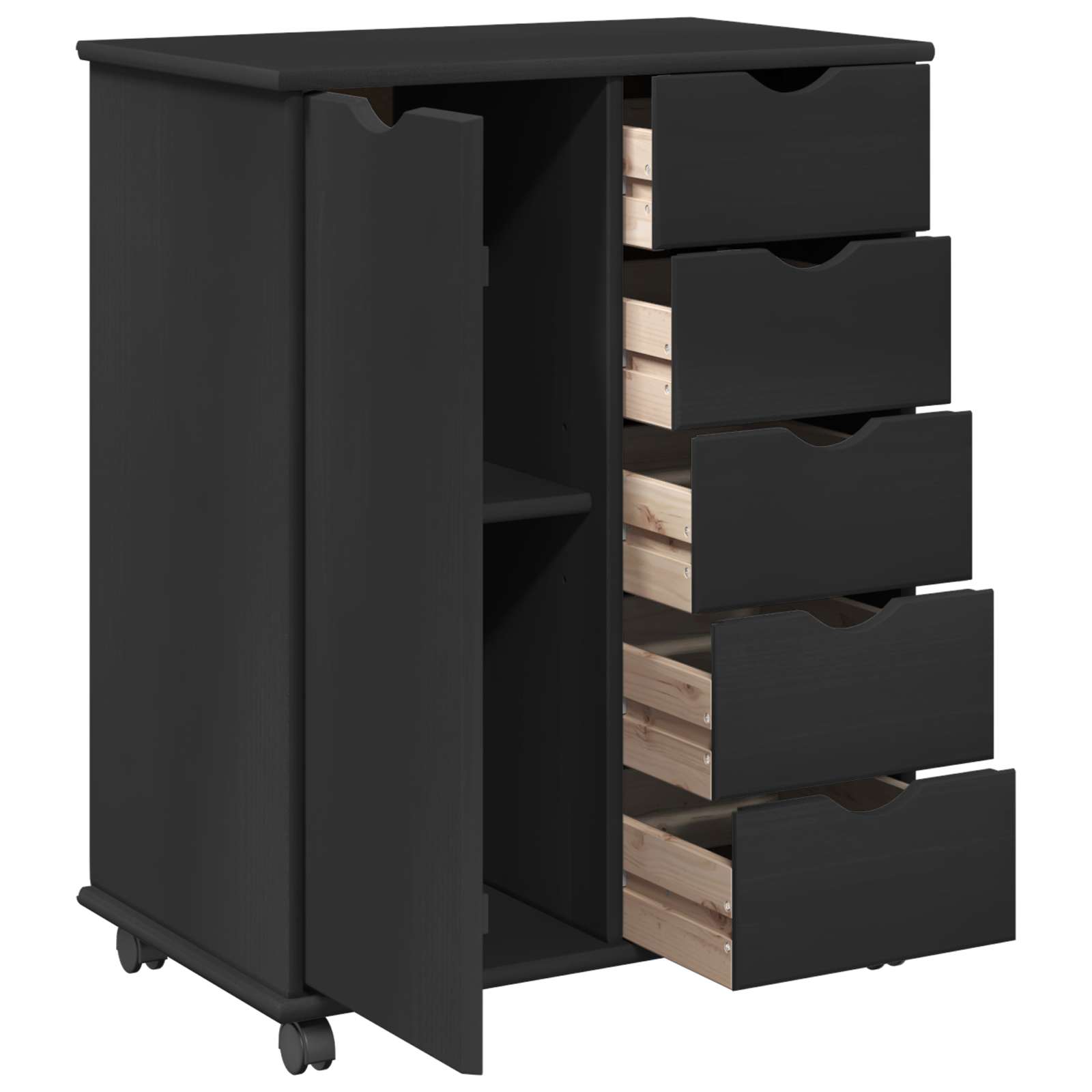 Cabinet roulant Noir 63,5 x 39 x 79 cm Bois de Pin Massif - XIOS