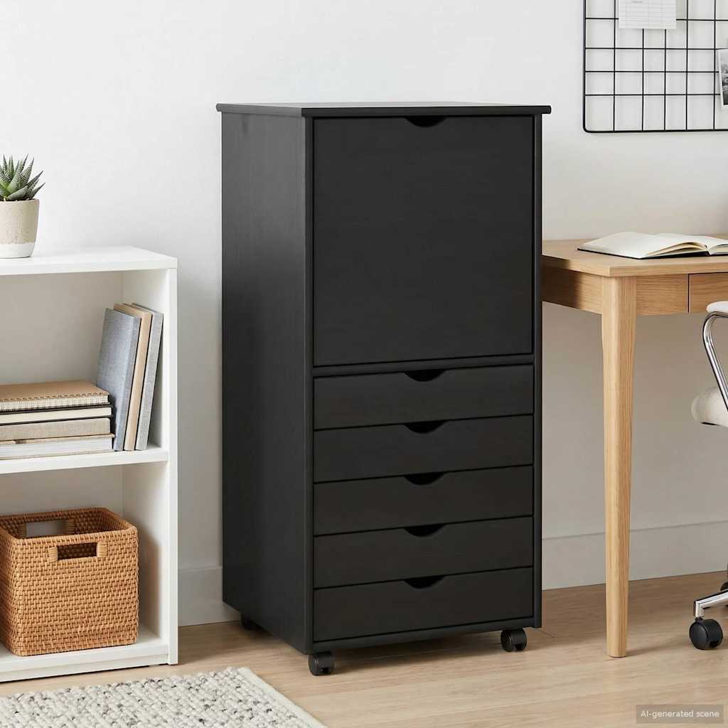 Cabinet roulant Noir 53 x 39 x 103 cm Bois de Pin Massif - XIOS