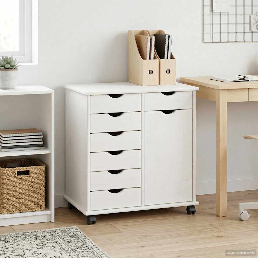Cabinet roulant Blanc 63,5 x 39 x 65,5 cm Bois de Pin Massif - XIOS