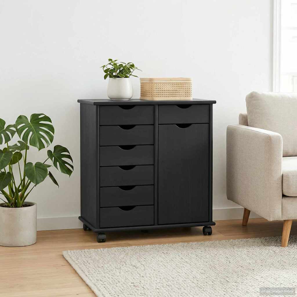 Cabinet roulant Noir 63,5 x 39 x 65,5 cm Bois de Pin Massif - XIOS
