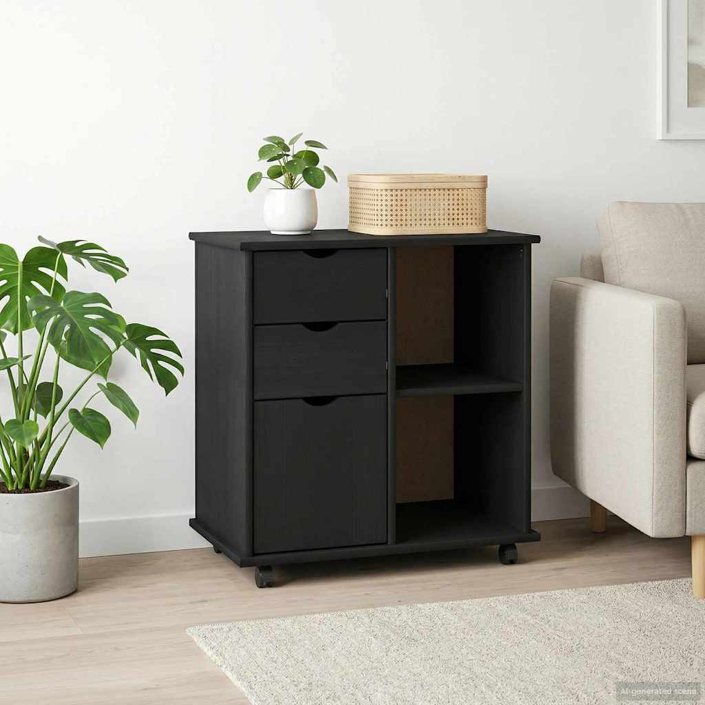 Cabinet roulant Noir 63,5 x 39 x 65,5 cm Bois de Pin Massif - XIOS