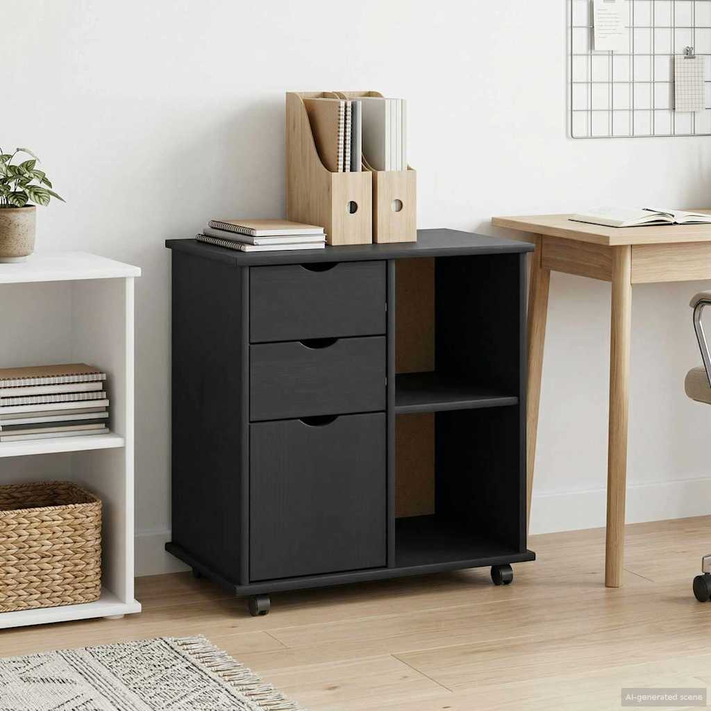 Cabinet roulant Noir 63,5 x 39 x 65,5 cm Bois de Pin Massif - XIOS