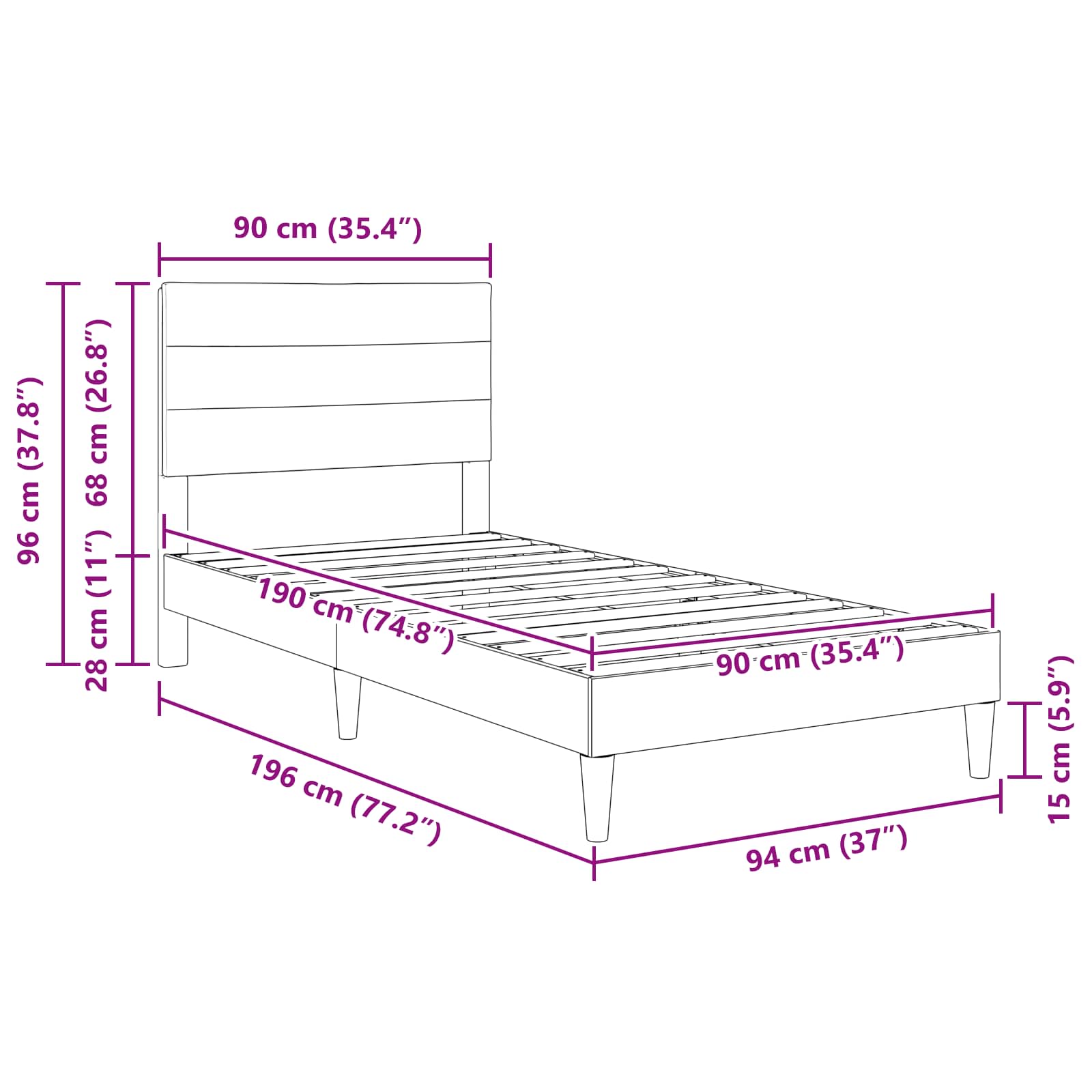 Cadre de lit avec tête de lit Taupe 90 x 190 cm tissu - XIOS