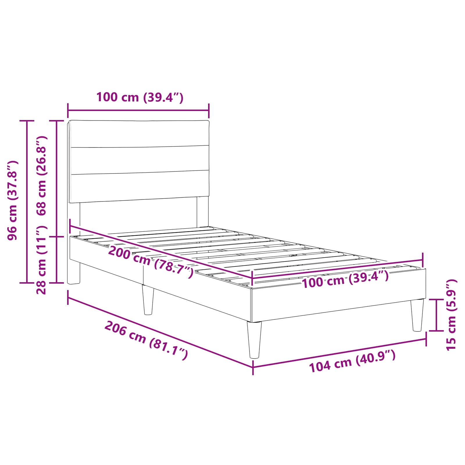 Cadre de lit avec tête de lit Bleu 100 x 200 cm tissu - XIOS