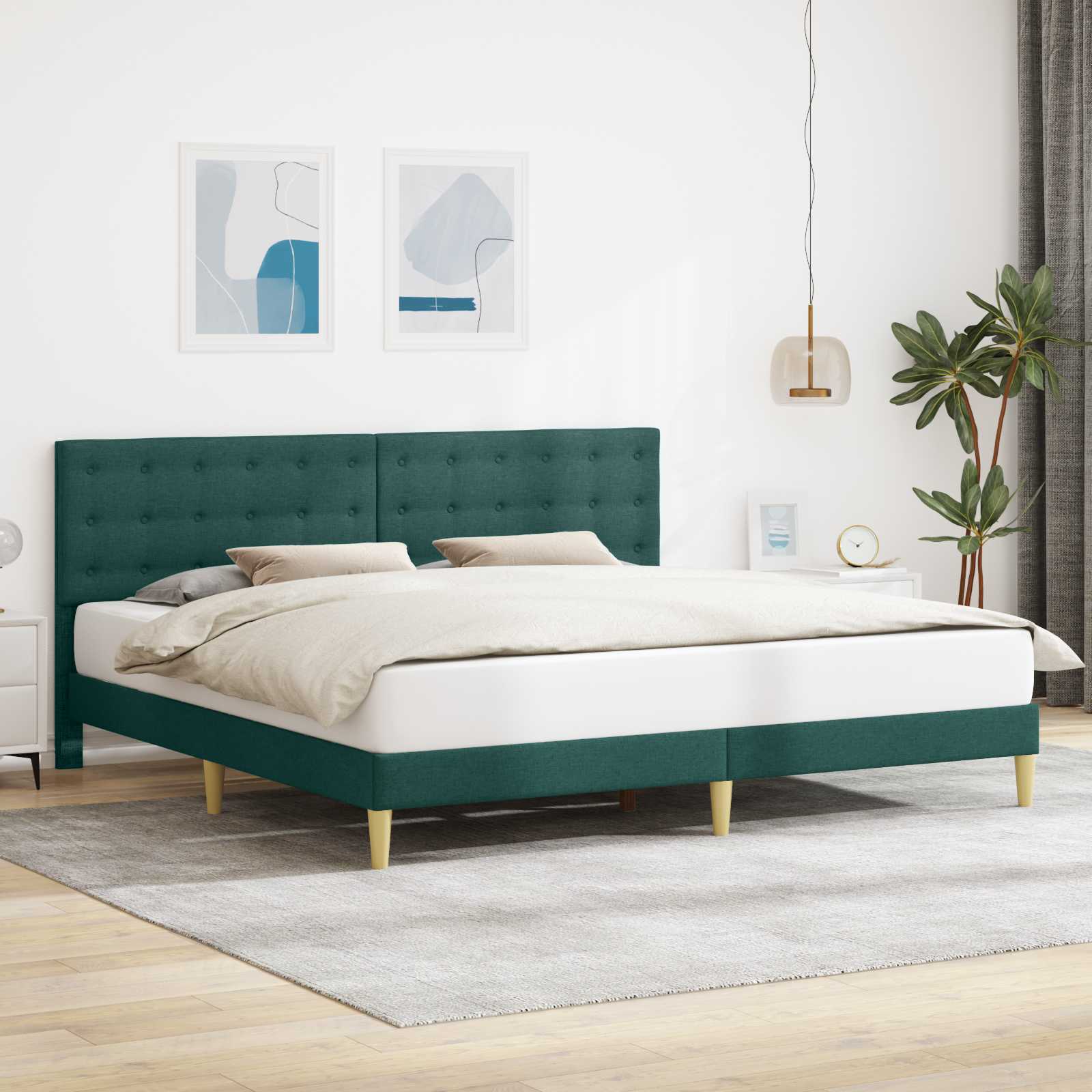 Cadre de lit avec tête de lit Vert foncé 200 x 200 cm Tissu - XIOS