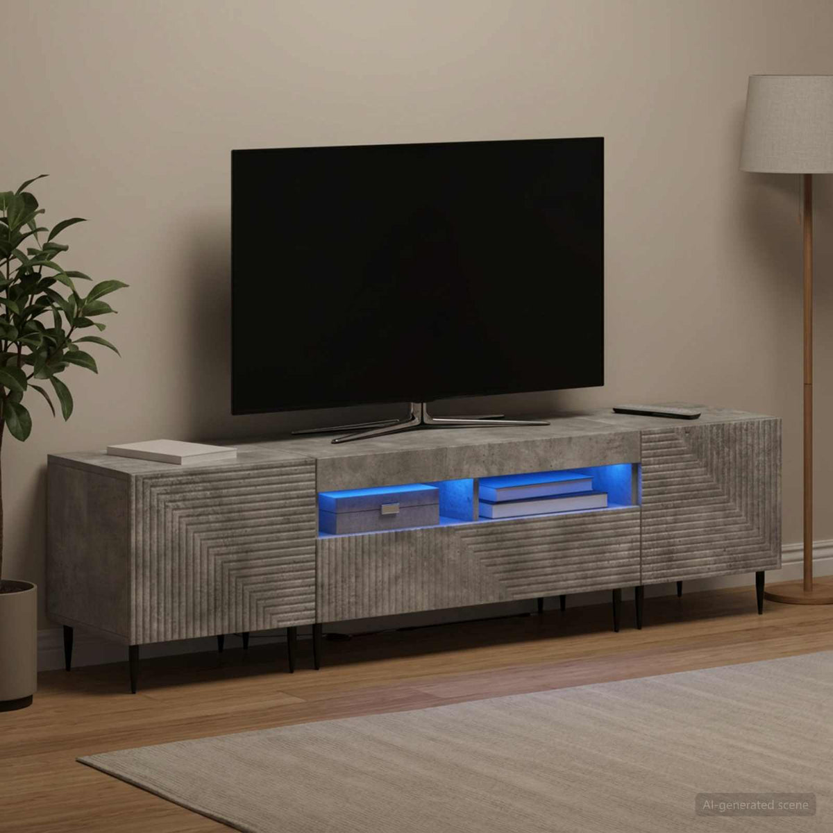 Ensemble de 3 Meubles TV LED Gris béton Bois d'ingénierie