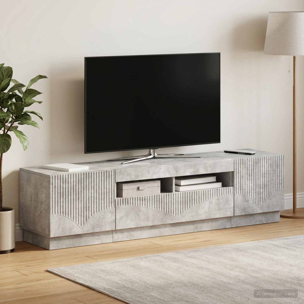 Meuble TV LED HOORN 3 pc Gris béton Bois d'ingénierie