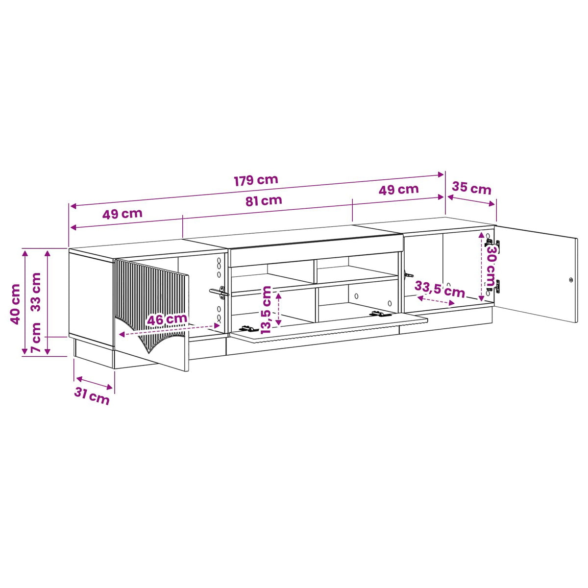 Meuble TV LED HOORN 3 pc Gris béton Bois d'ingénierie