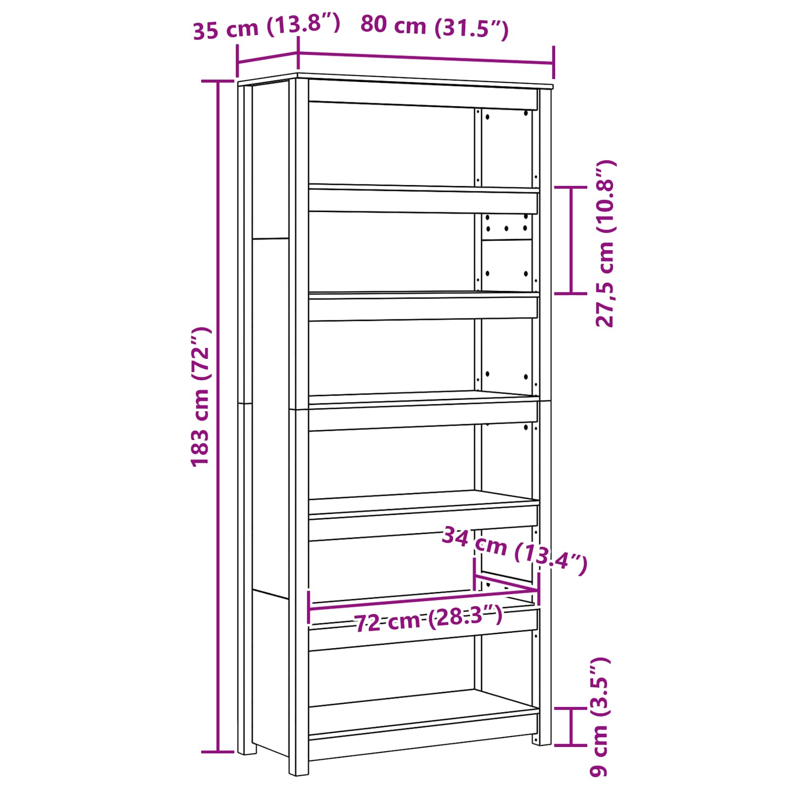 Bibliothèque Cire marron 80 x 35 x 183 cm Bois de pin massif - XIOS