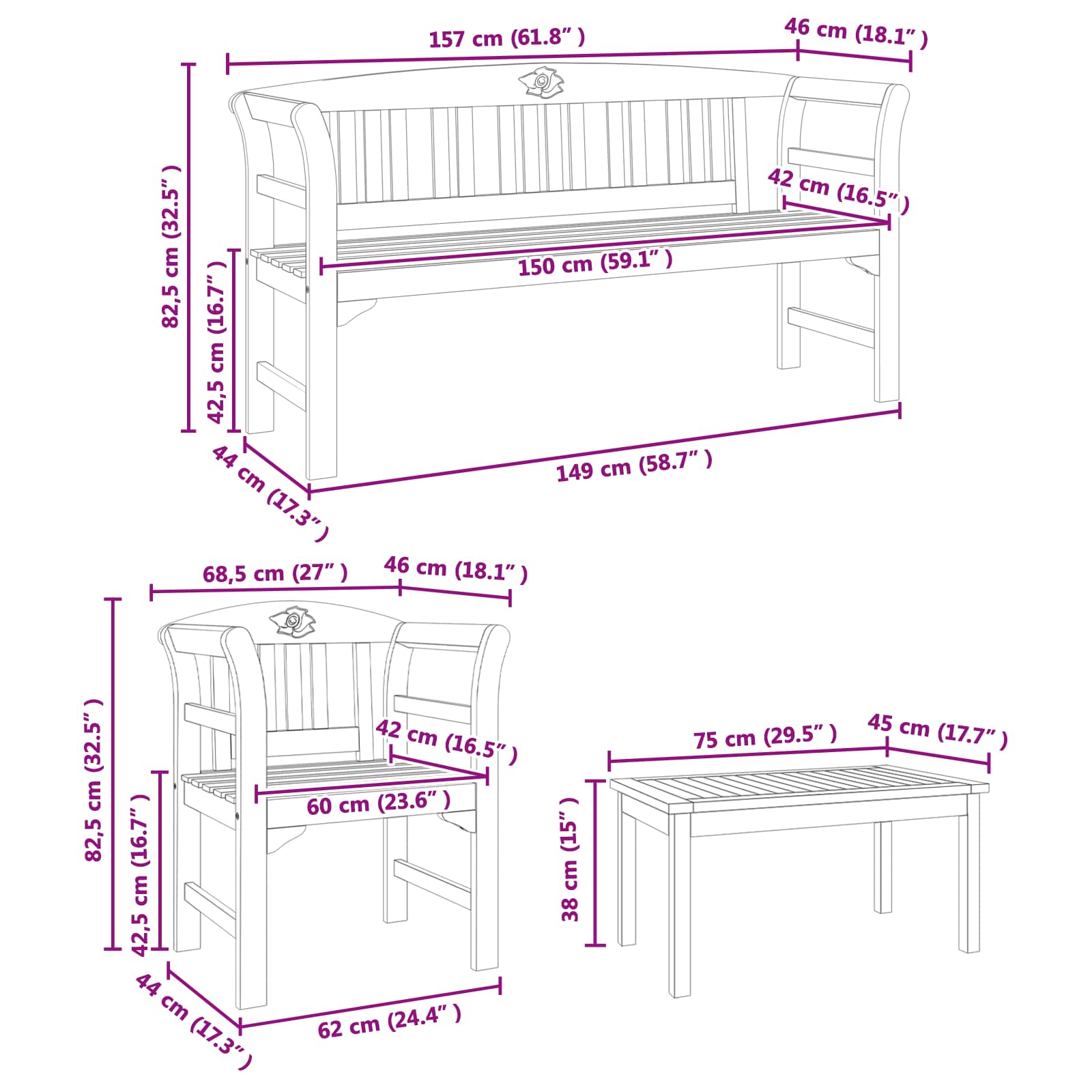 Ensemble de salon Rose de jardin 4 pcs Bois d'Acacia Massif - XIOS