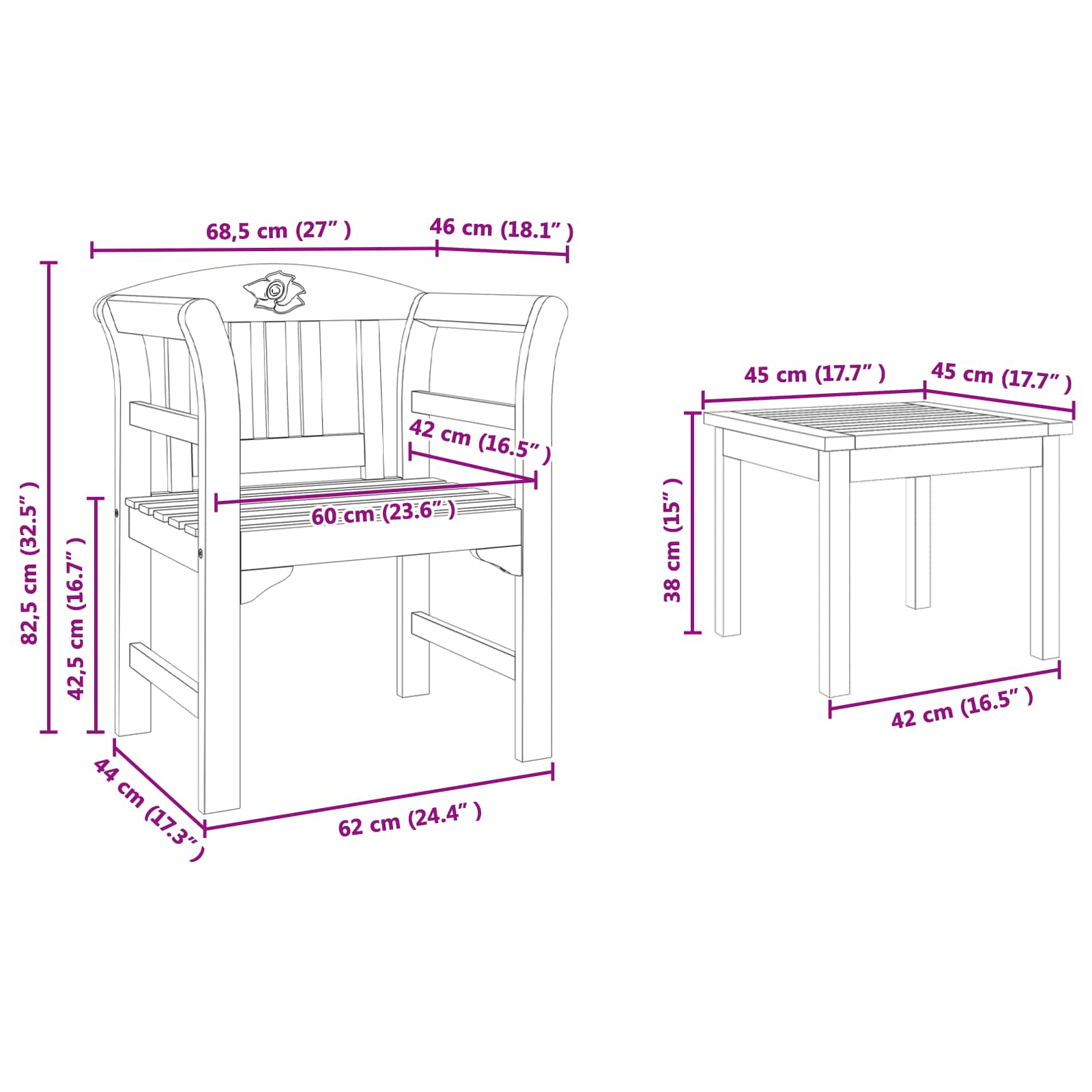 Ensemble de salon Rose de jardin 3 pcs Bois d'Acacia Massif - XIOS