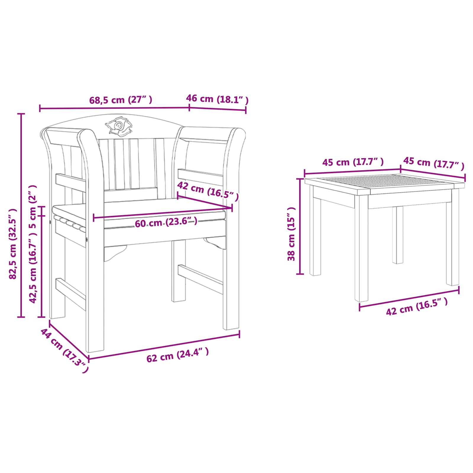 Ensemble de salon Rose de jardin 3 pcs Bois d'Acacia Massif - XIOS