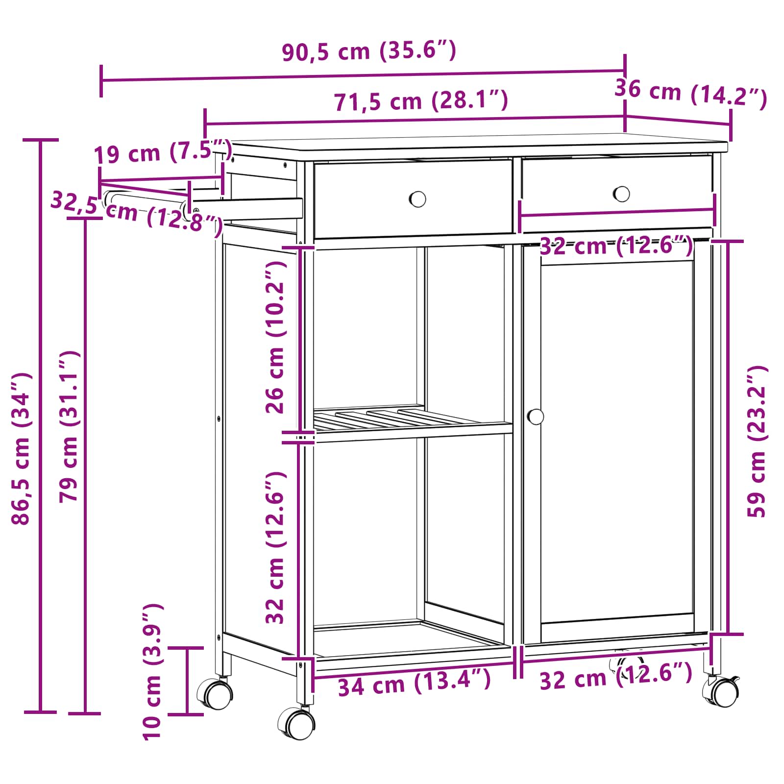 Chariot de Cuisine avec Roues Naturel 90,5 x 36 x 86,5 cm - XIOS
