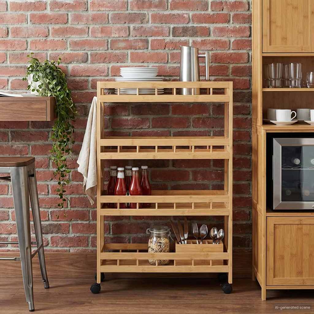 Chariot de Cuisine avec Roues Naturel 60 x 18 x 97 cm Bambou - XIOS