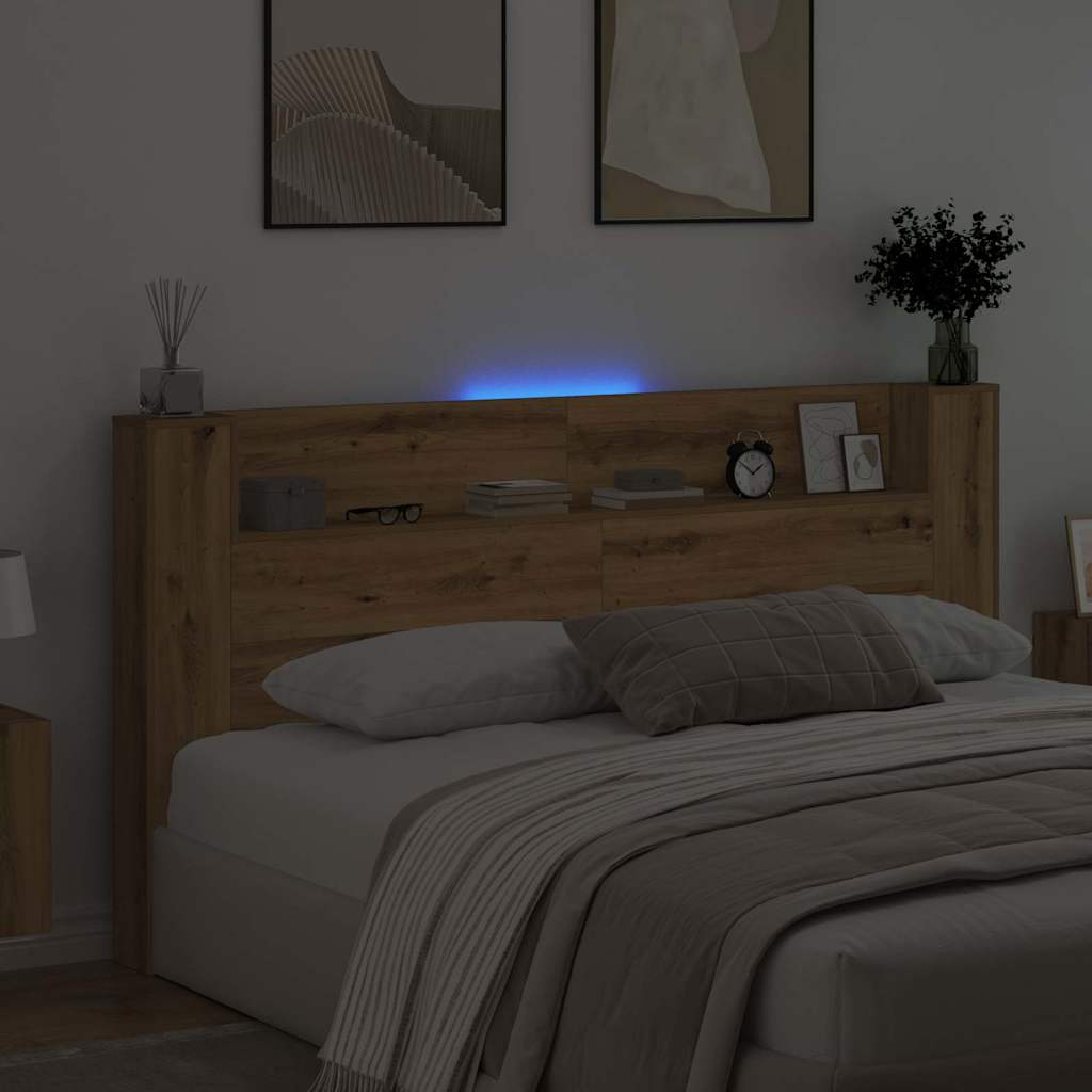 Tête de lit de rangement avec LED Chêne artisanal