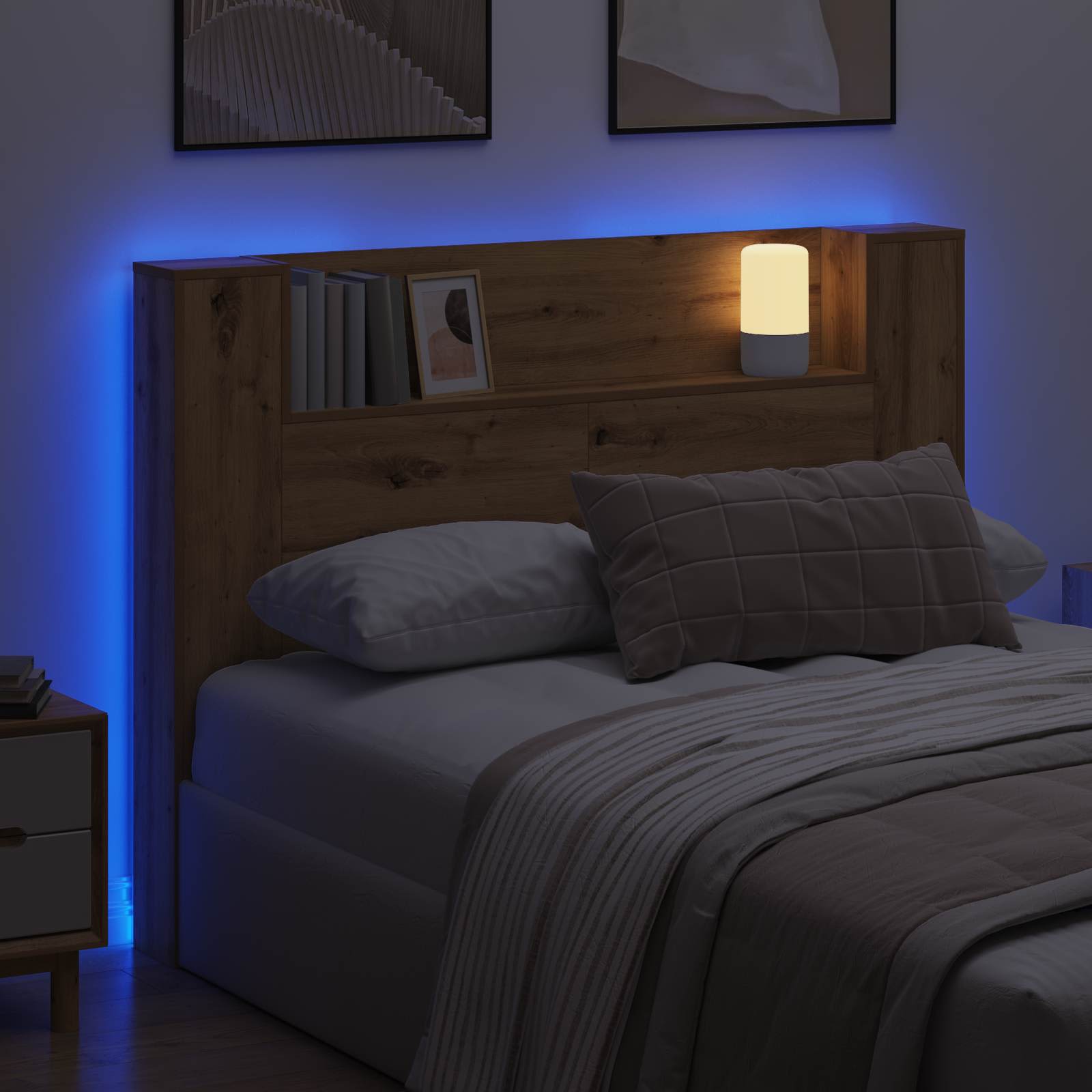 Cabinet de Tête de Lit avec LED avec étagère Chêne Artisanal - XIOS