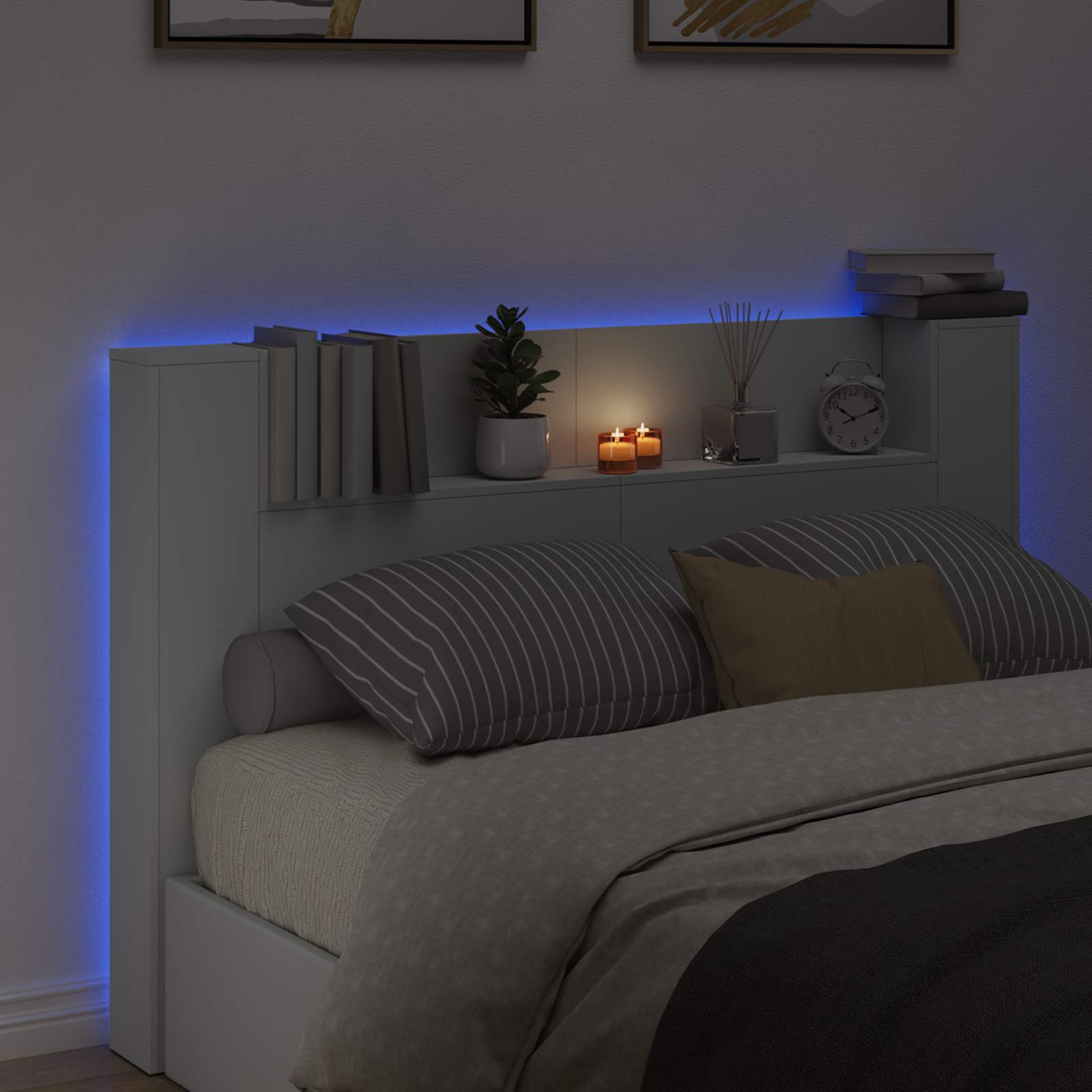 Cabinet de Tête de Lit avec LED Blanc 160 x 16,5 x 103,5 cm - XIOS