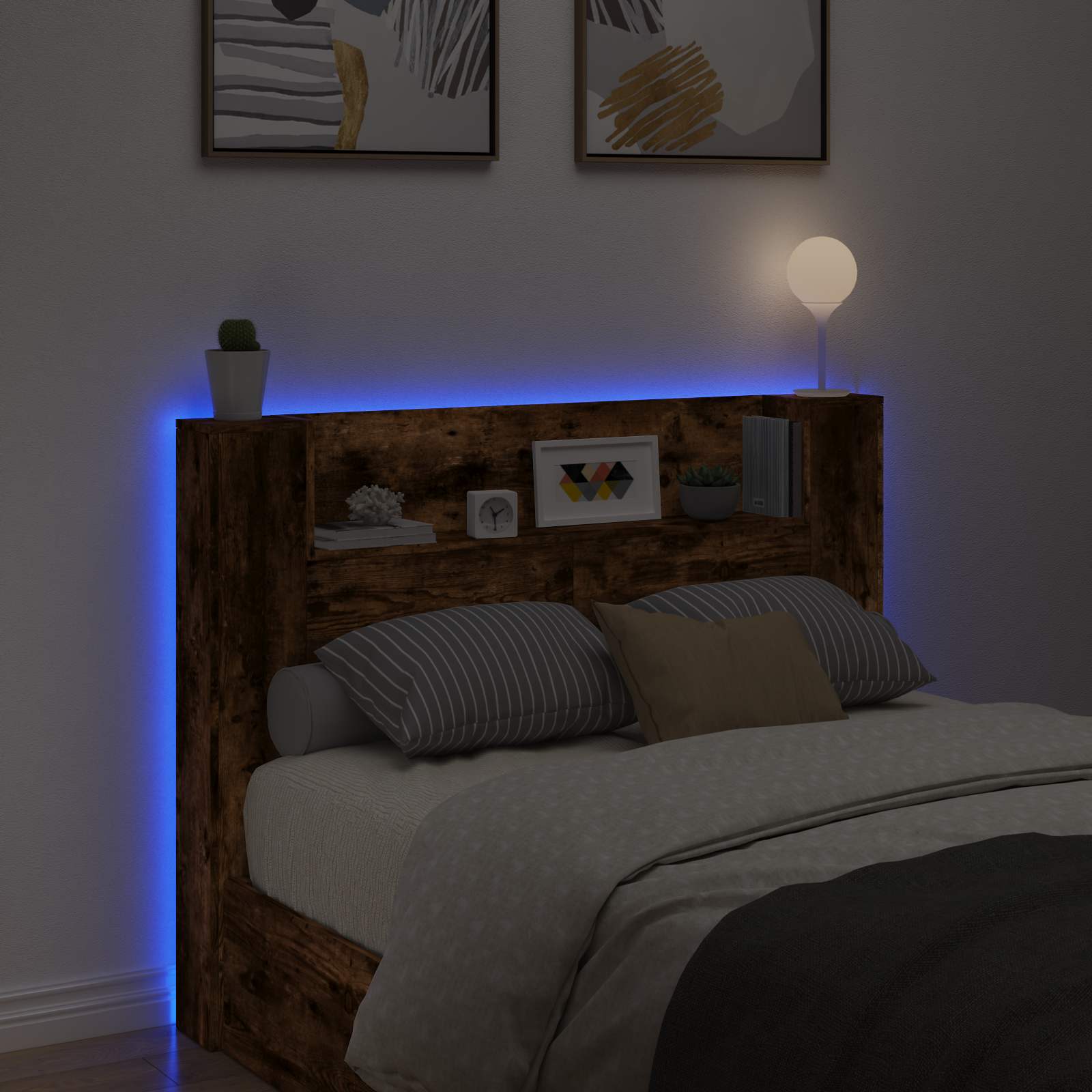 Cabinet de Tête de Lit avec LED Chêne fumé Bois d'ingénierie - XIOS