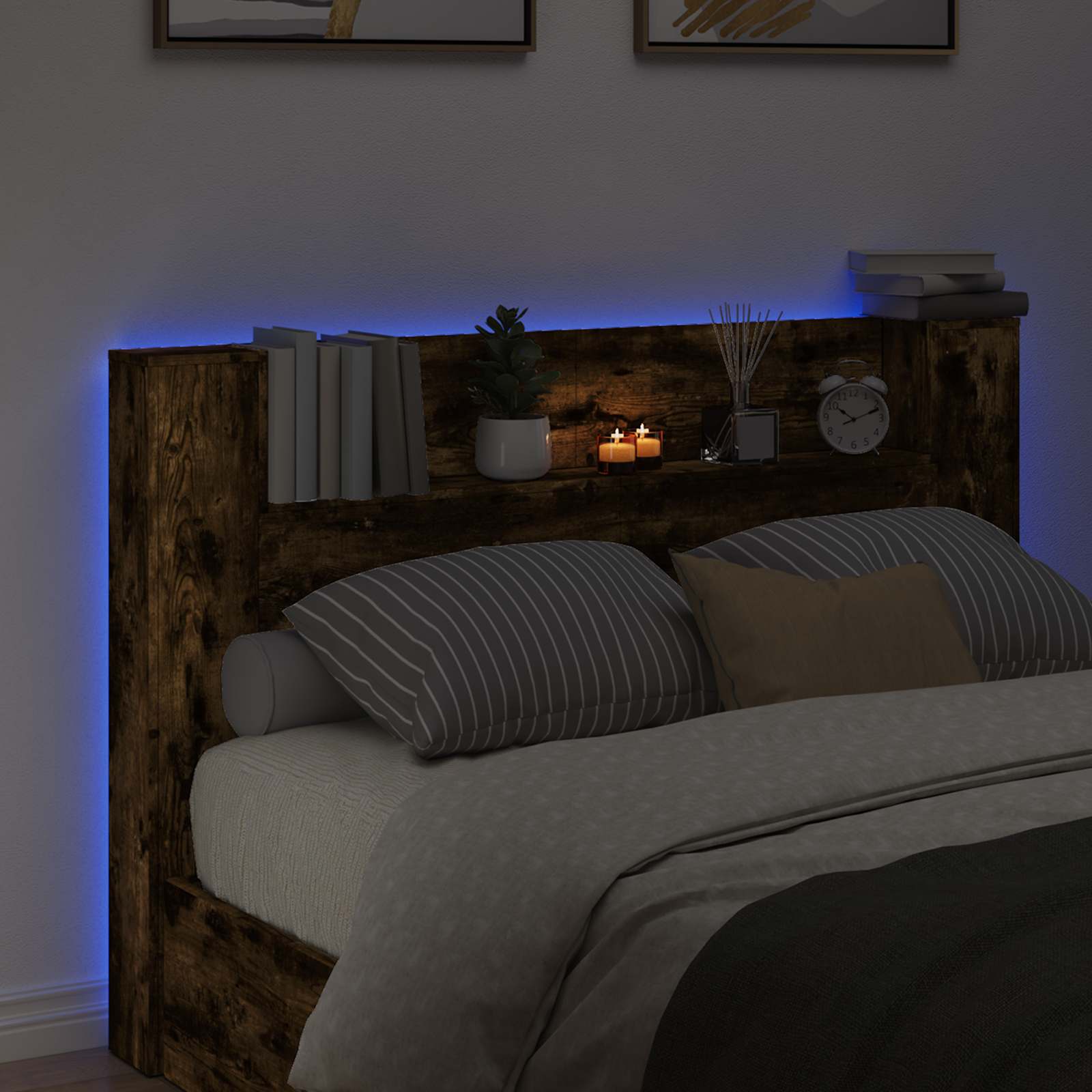 Cabinet de Tête de Lit avec LED Chêne fumé Bois d'ingénierie - XIOS
