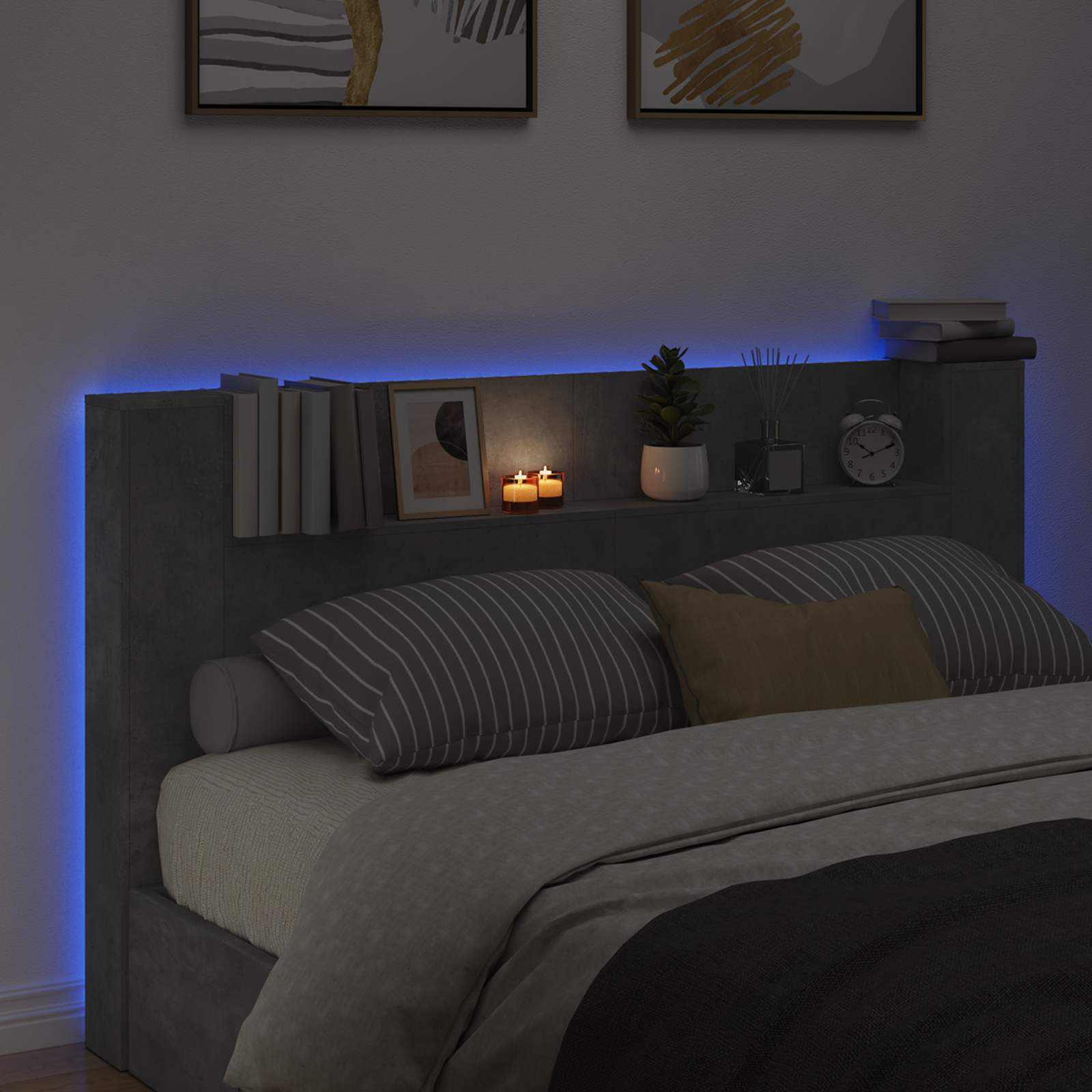 Cabinet de Tête de Lit avec LED Béton 180 x 16,5 x 103,5 cm - XIOS