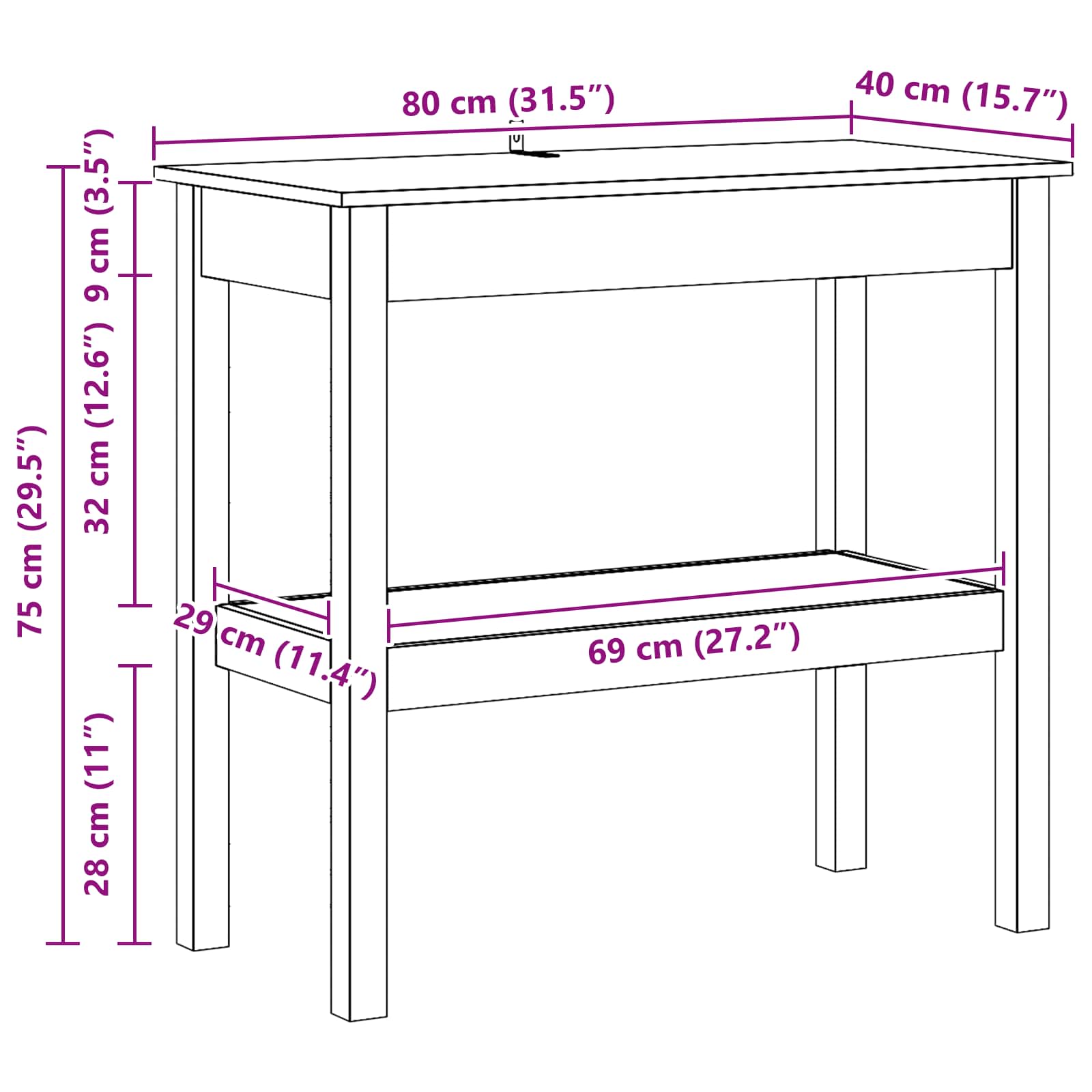 Table console Brun Ciré 80 x 40 x 75 cm Bois massif en pin - XIOS
