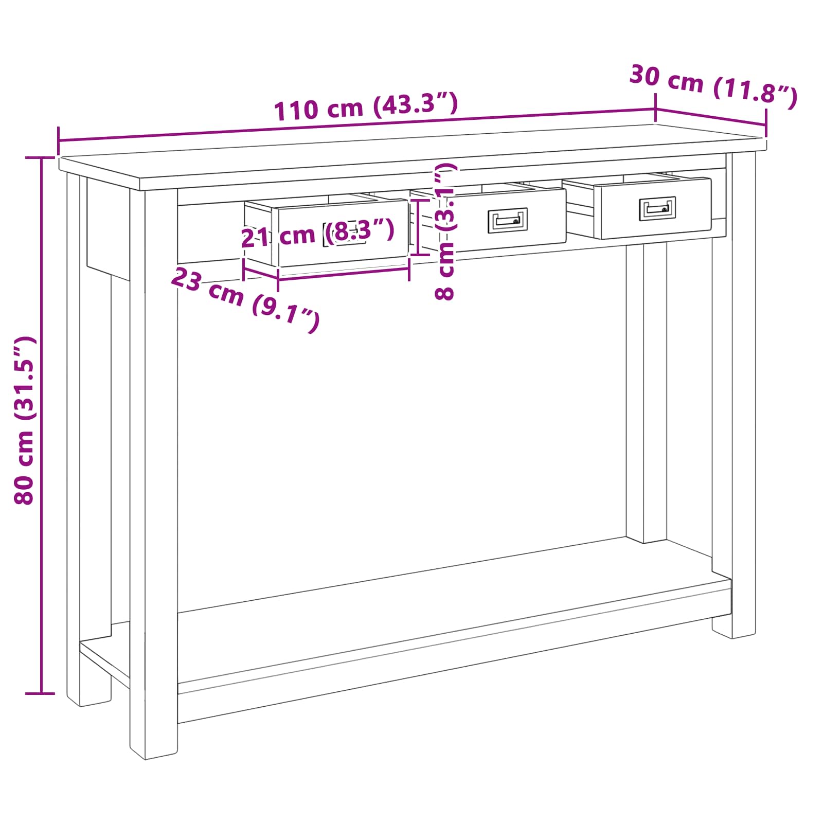 Table console Naturel 110 x 30 x 80 cm Bois de teck massif - XIOS