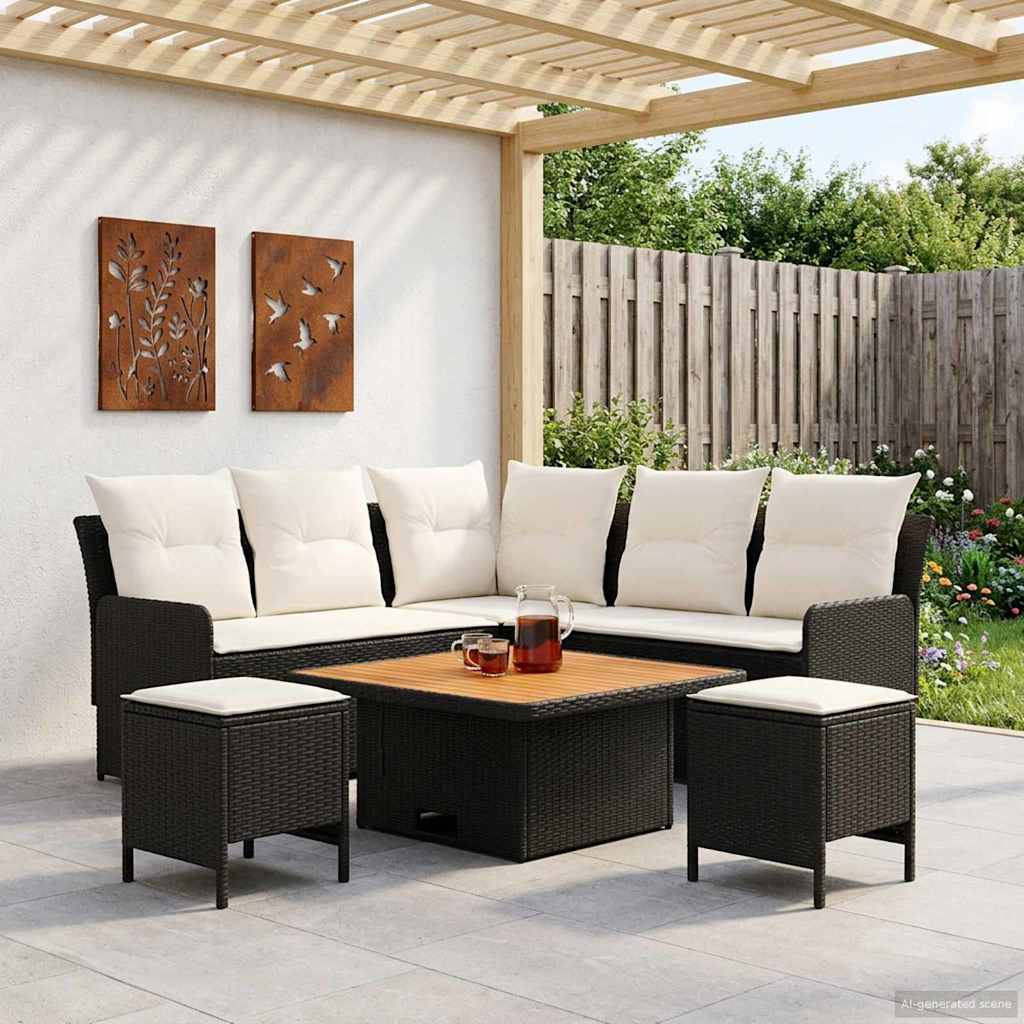 Ensembles de meubles avec oreiller 6 pcs Noir et Crème Rotin PE - XIOS