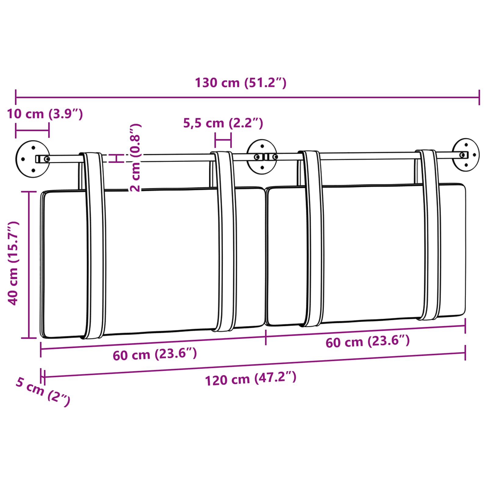 Tête de lit suspendue Uni Bordeaux 130 x 55 x 5 cm tissu - XIOS