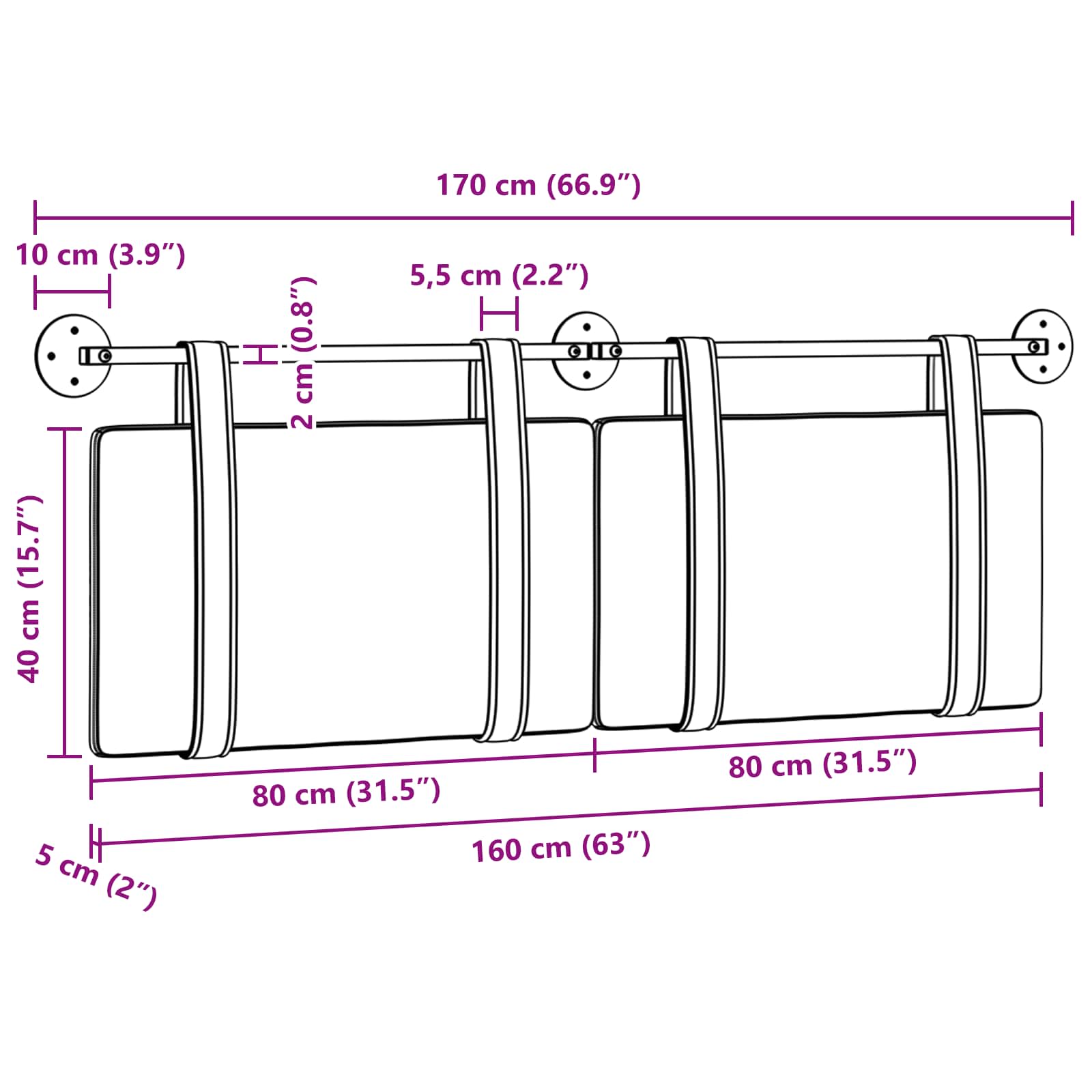 Tête de lit suspendue Uni Gris foncé 170 x 55 x 5 cm tissu - XIOS
