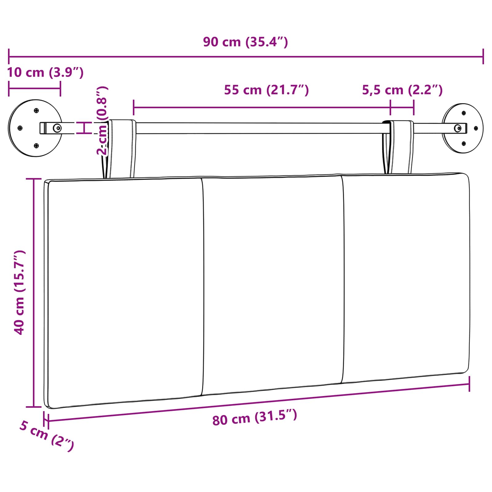 Tête de lit suspendue Montage mural Blanc 90 x 55 x 5 cm tissu - XIOS
